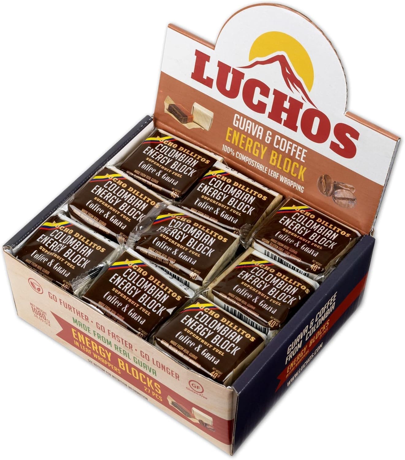 LUCHOS Natural Energy Bars Blocks for Running, Hiking, Cycling, Sports Nutrition, Healthy Snacks, High Carb, Protein, Vegan and Gluten Free, Guava and Coffee, 27 Pieces