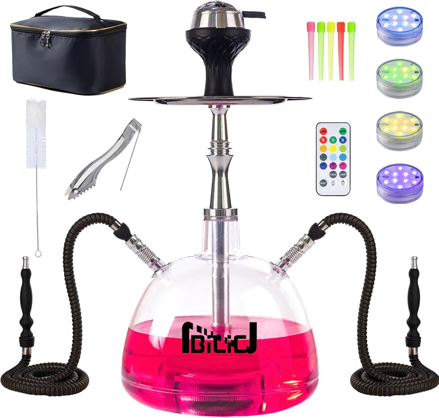 Modern Hookah Set – Complete Shisha Hookah Set with 2 Hoses, LED Light & Travel Bag – Stylish Acrylic Big Hookah for Home or Party Use