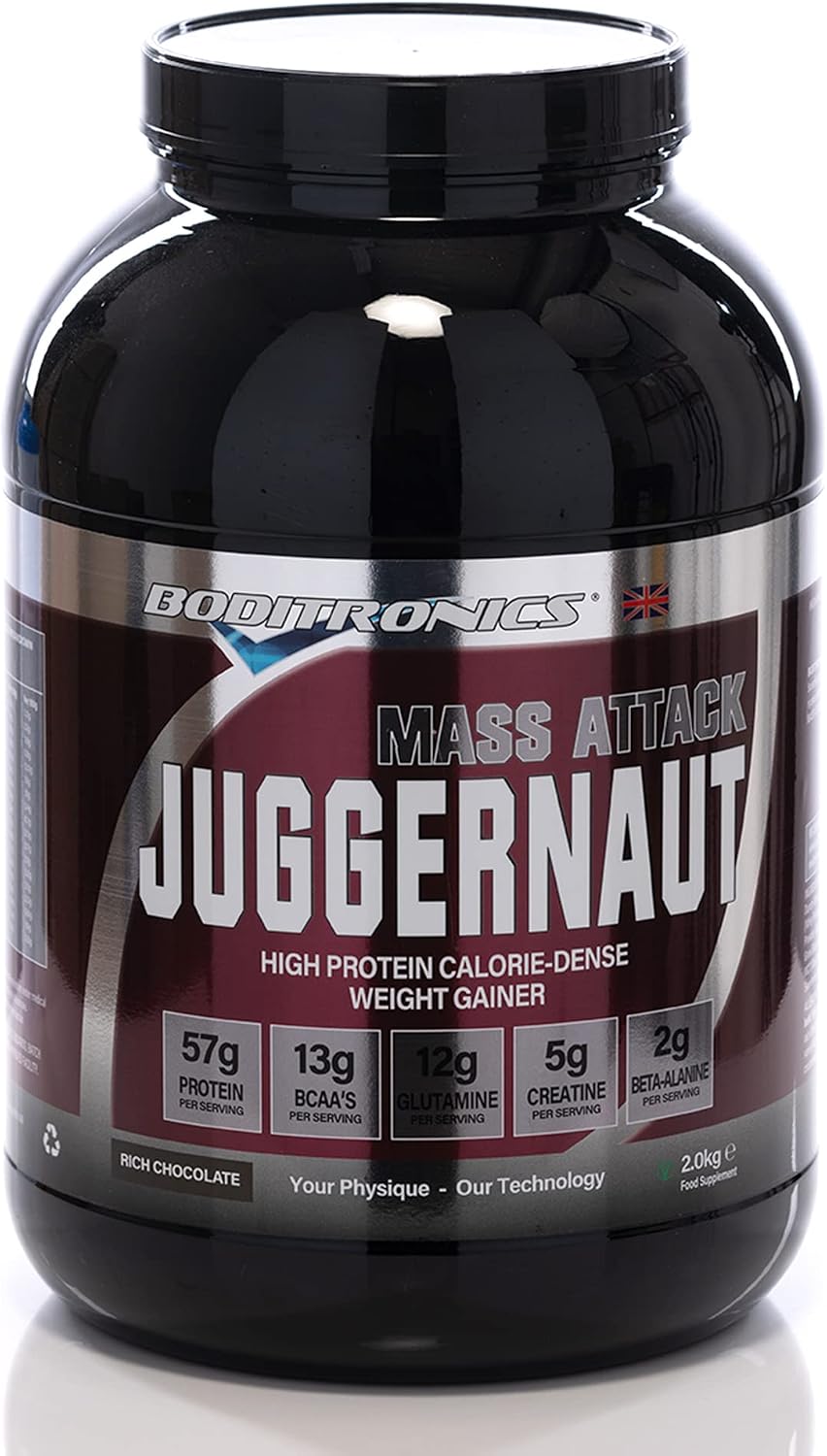 Boditronics Mass Attack Juggernaut Powder for Weight Gainer Powder, All in One Muscle Mass Gainer, High Protein Powder for Men & Women, 5g Creatine, BCAA, Glutamine & Beta Alanine (Rich Chocolates)