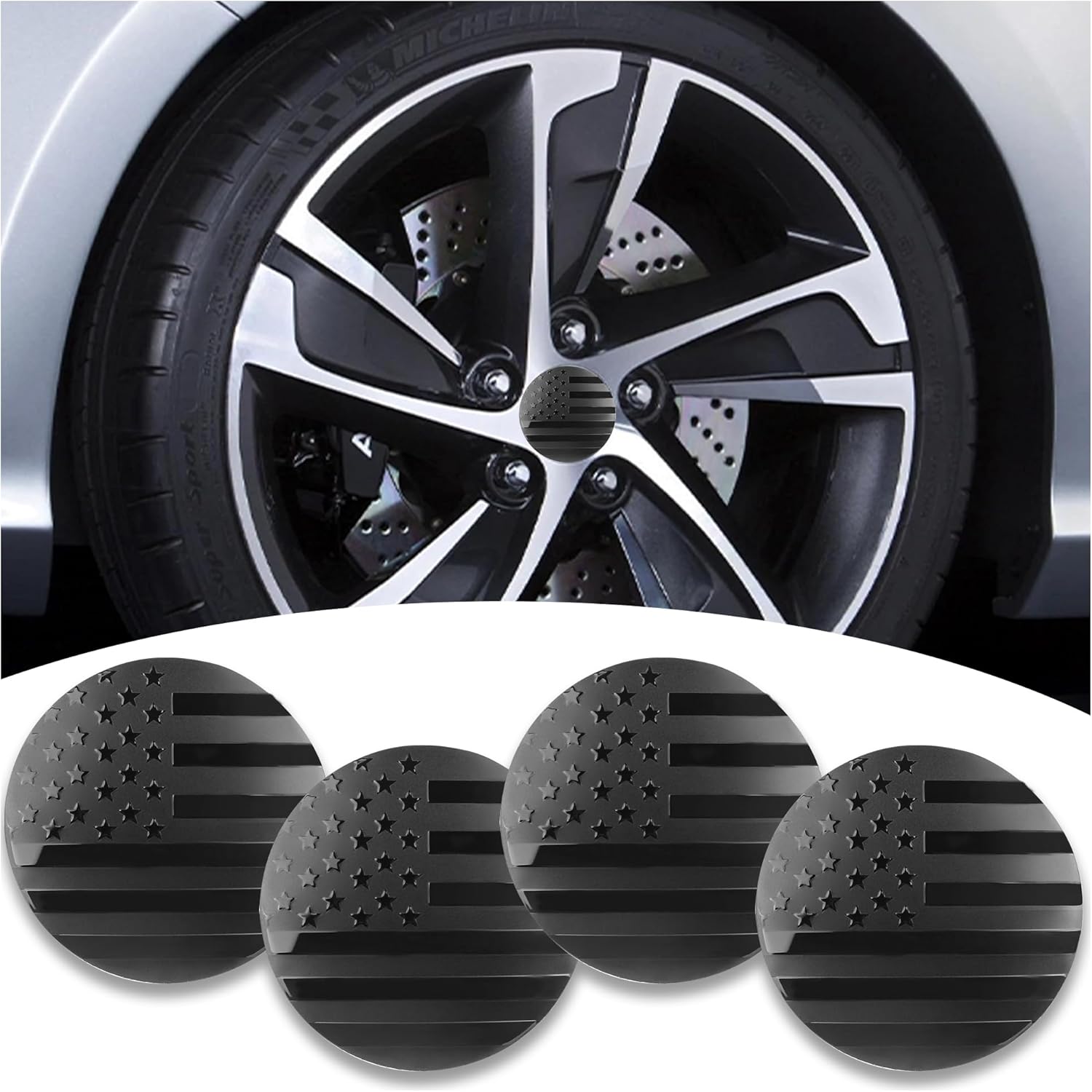 4PCS American Flag Car Wheel Center Caps,Wheel Hub Caps Sticker Compatible with 56mm/2.2 Inch Wheel Hub Caps,Automotive Exterior Accessories Center Caps for Rims Car Decorations (Black Flag)
