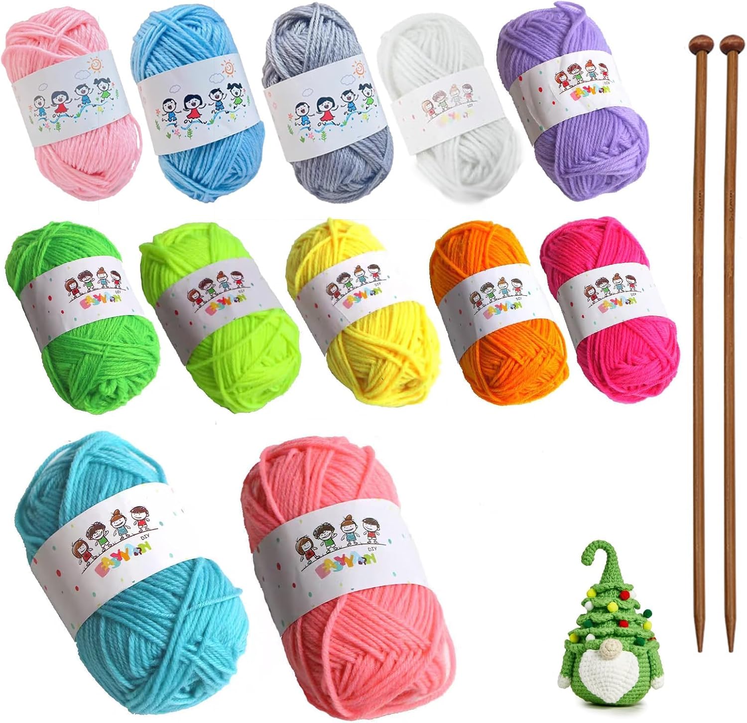 TZMFHD Knitting Kit, Knitting for Beginners Kit, Beginner Knitting Kit, Suitable for Adults Children DIY Weaving Handmade Artworks (12 Colors of Yarn and 2 Knitting Needles)