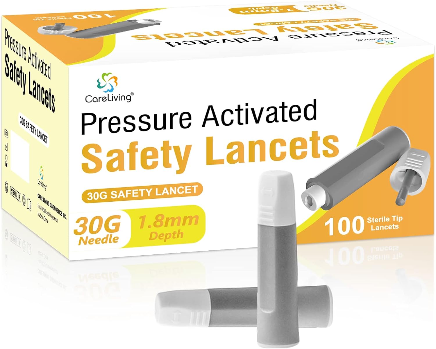 Safety Lancets, 100 Count Sterile, Push Button Activated, 30 Gauge Needle, 1.8 mm, Single-Use, Gentle for Comfortable Testing