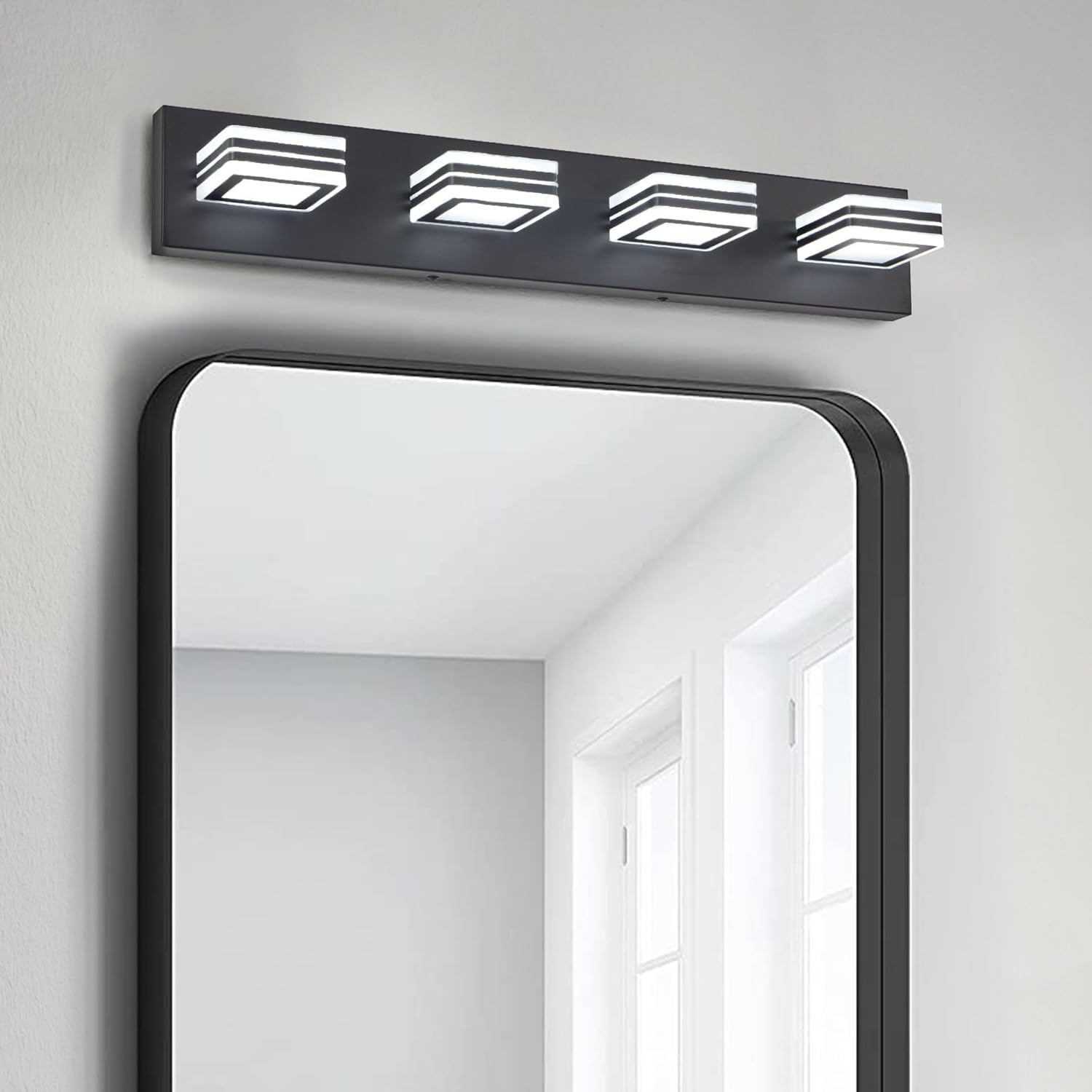 4 Light Bathroom Square Shape Vanity Light Over Mirror Modern 25.6in Led Vanity Light Fixture Lights for Bath Dimmable Matt Black