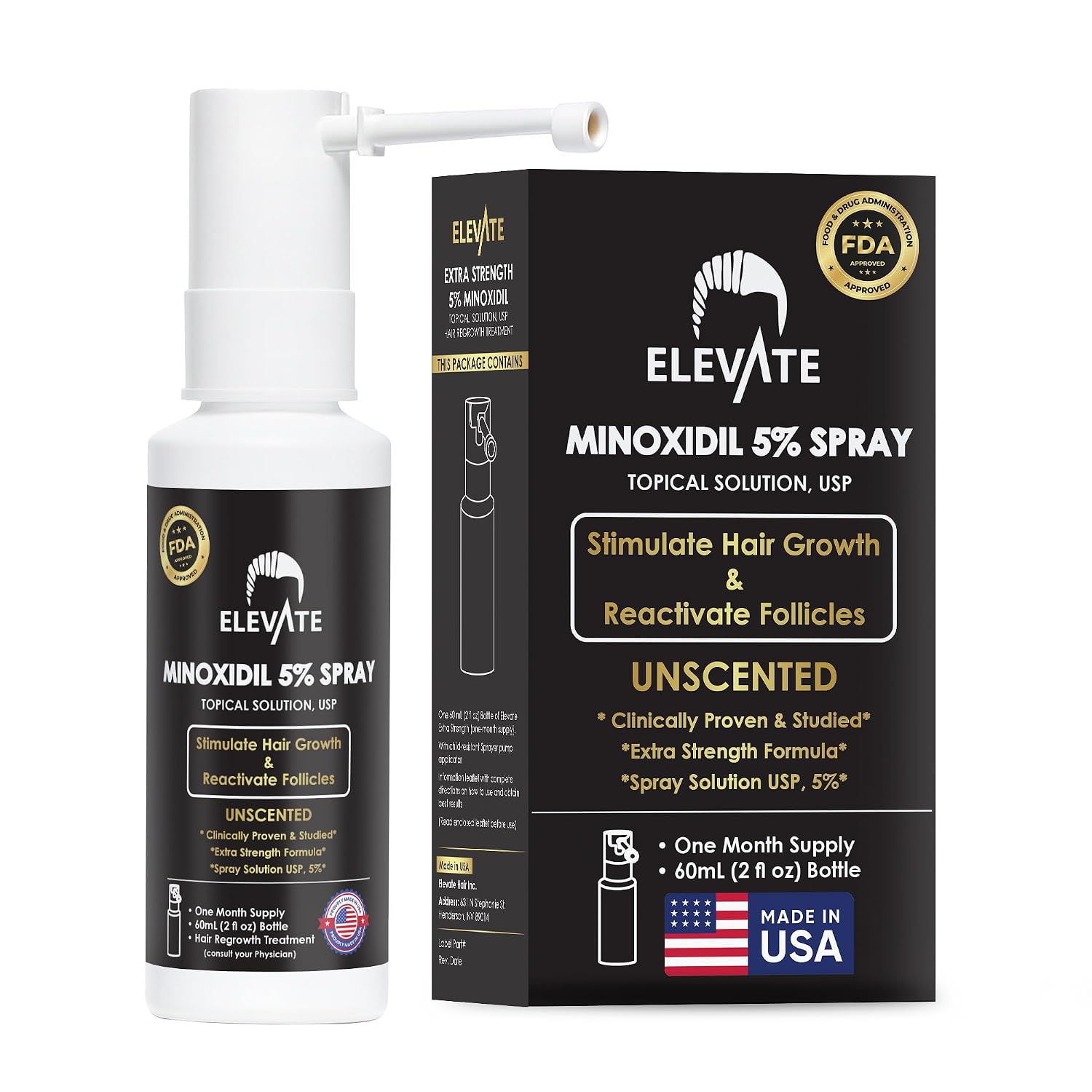 Elevate Hair Regrowth Treatment 5% Minoxidil Spray for Men - Clinically Proven Formula Fast Absorbing for Hair Loss and Growth Unscented Topical Hair Spray for Thinning & Balding Hair - Made in USA