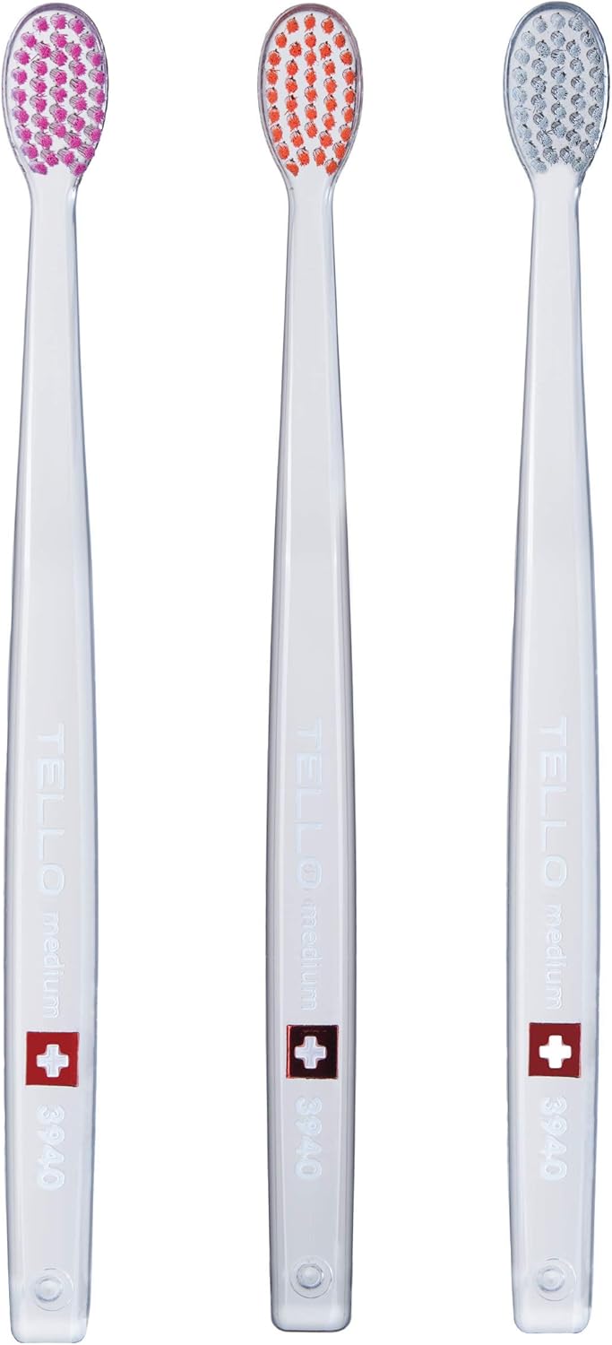 TELLO 3940 Adult Medium Swiss Toothbrush for Gentle Cleaning with Ergonomic Handle, 3 Count