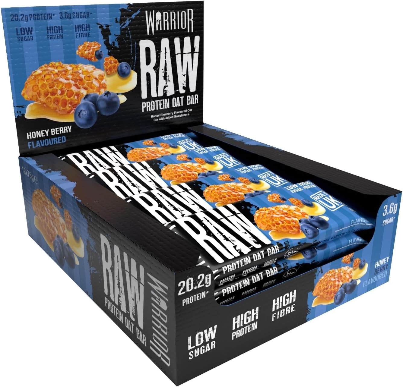 Warrior Raw Protein Bars – 12 x 75g Oat Bar Flapjacks – High Fibre, Low Sugar – Ideal Meal Replacement or Healthy Nutrition Energy Snacks – HFSS / GMP Certified – UK Made (Honey Berry)