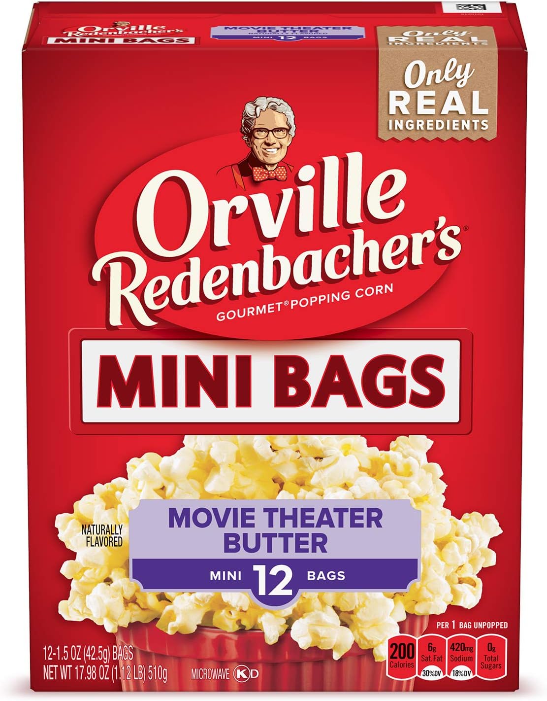 Orville Redenbacher's Movie Theater Butter Microwave Popcorn, 1.5 Ounce Single Serve Bag, 12-Count