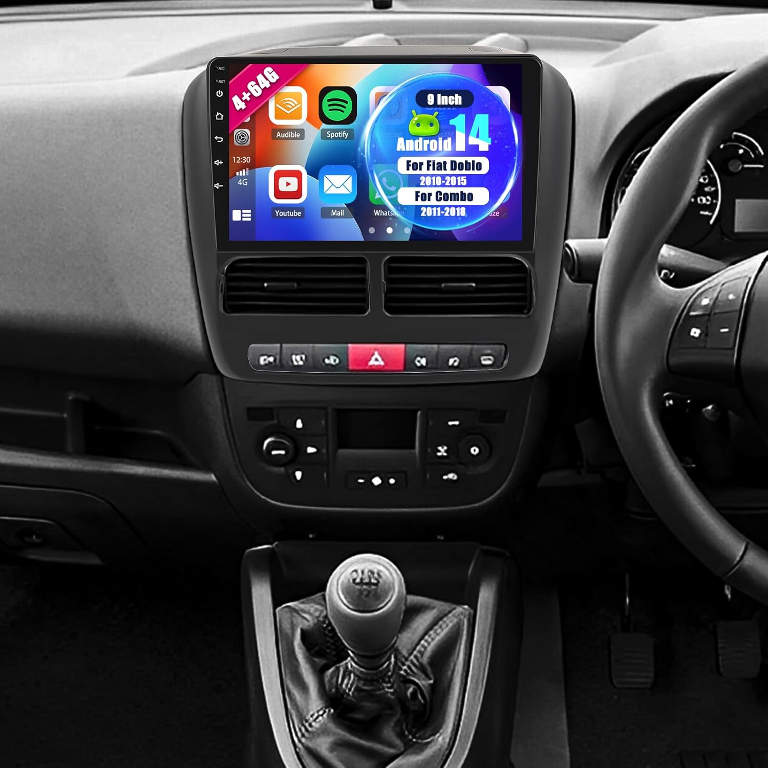 4G+64G Android 14 Car Stereo for Fiat Doblo 2010-2015, for Combo 2011-2018, Wireless Carplay Android Auto, 2DIN Car Radio with 9in Touchscreen GPS Nav WiFi Bluetooth Mirrorlink DAB+ Backup Camera