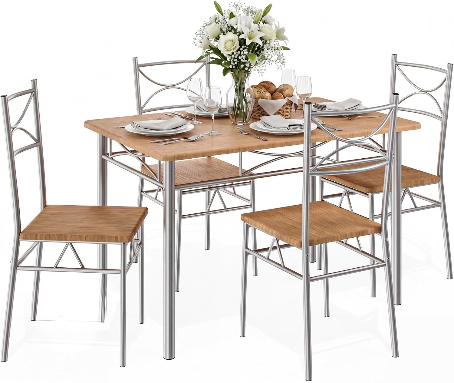 CASARIA® Dining Table Chairs Set 4 Space Saving Compact | Beech & Silver
