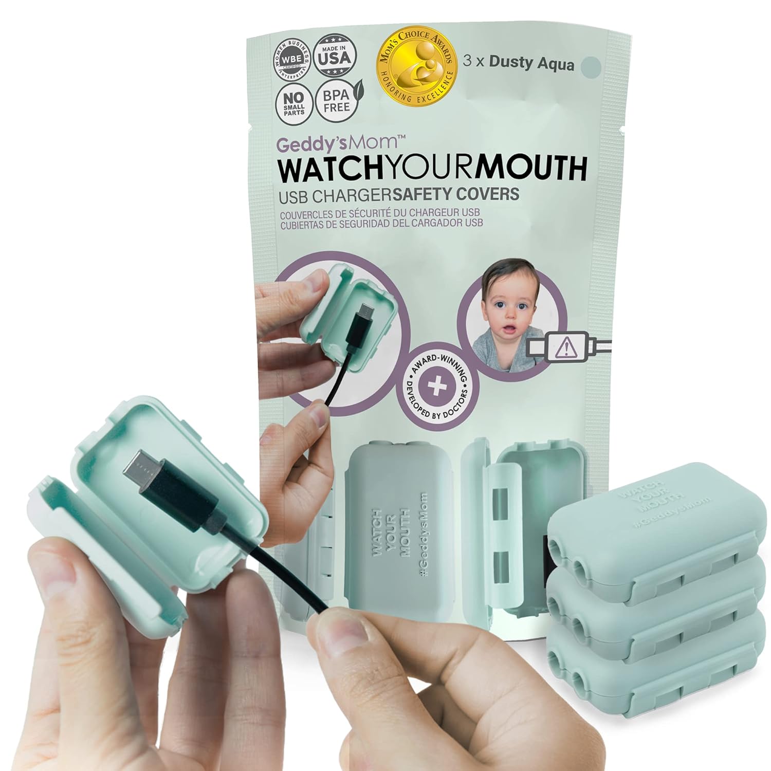 Geddy´s Mom Watch Your Mouth - The Award Winning Child Safety USDB Port Plug Cover| BPA & Phthalate-Free Charger Protector | Electrical Safety Baby Products (3-Pack, Dusty Aqua)