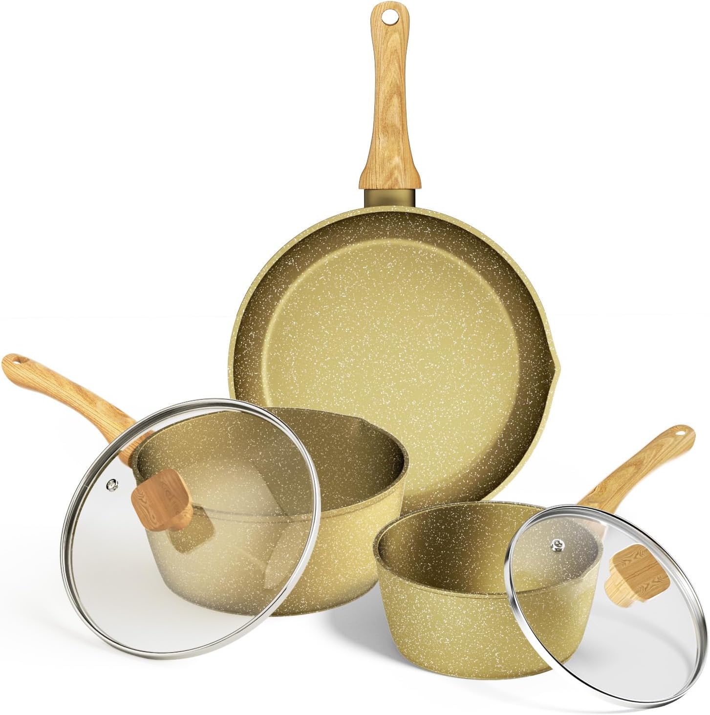 Nonstick Frying Pan Set,Non Stick Sauce Pan Set with Lid Gold Granite Pans,1.5QT+2.5QT Saucepan 9.5 Inch Frying Pan Induction Cookware Set,PFOA Free