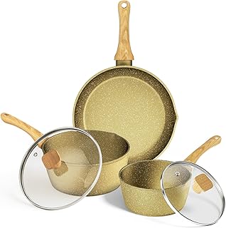 Nonstick Frying Pan Set,Non Stick Sauce Pan Set with Lid Gold Granite Pans,1.5QT+2.5QT Saucepan 9.5 Inch Frying Pan Induction Cookware Set,PFOA Free