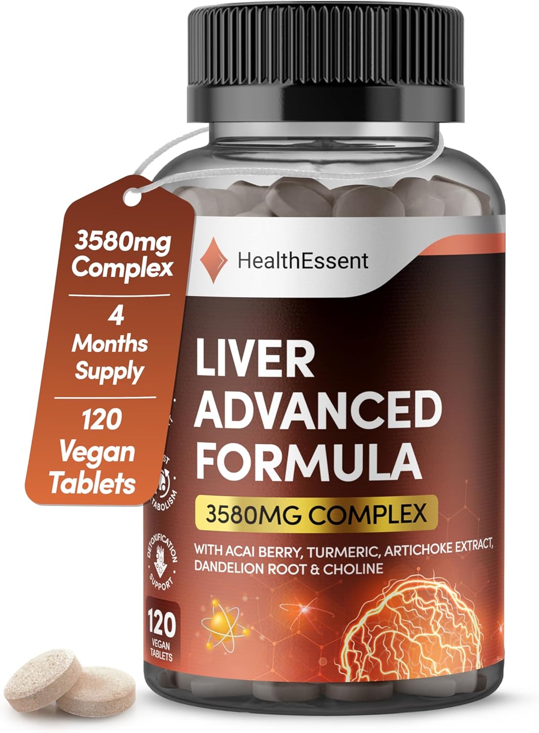 Liver Detox Advanced Formula – 3580mg Complex for Liver Cleanse & Repair, with Acai, Artichoke, Choline, Dandelion Root & Turmeric Powder, (4 Month Supply) – 120 Vegan Tablets by HealthEssent