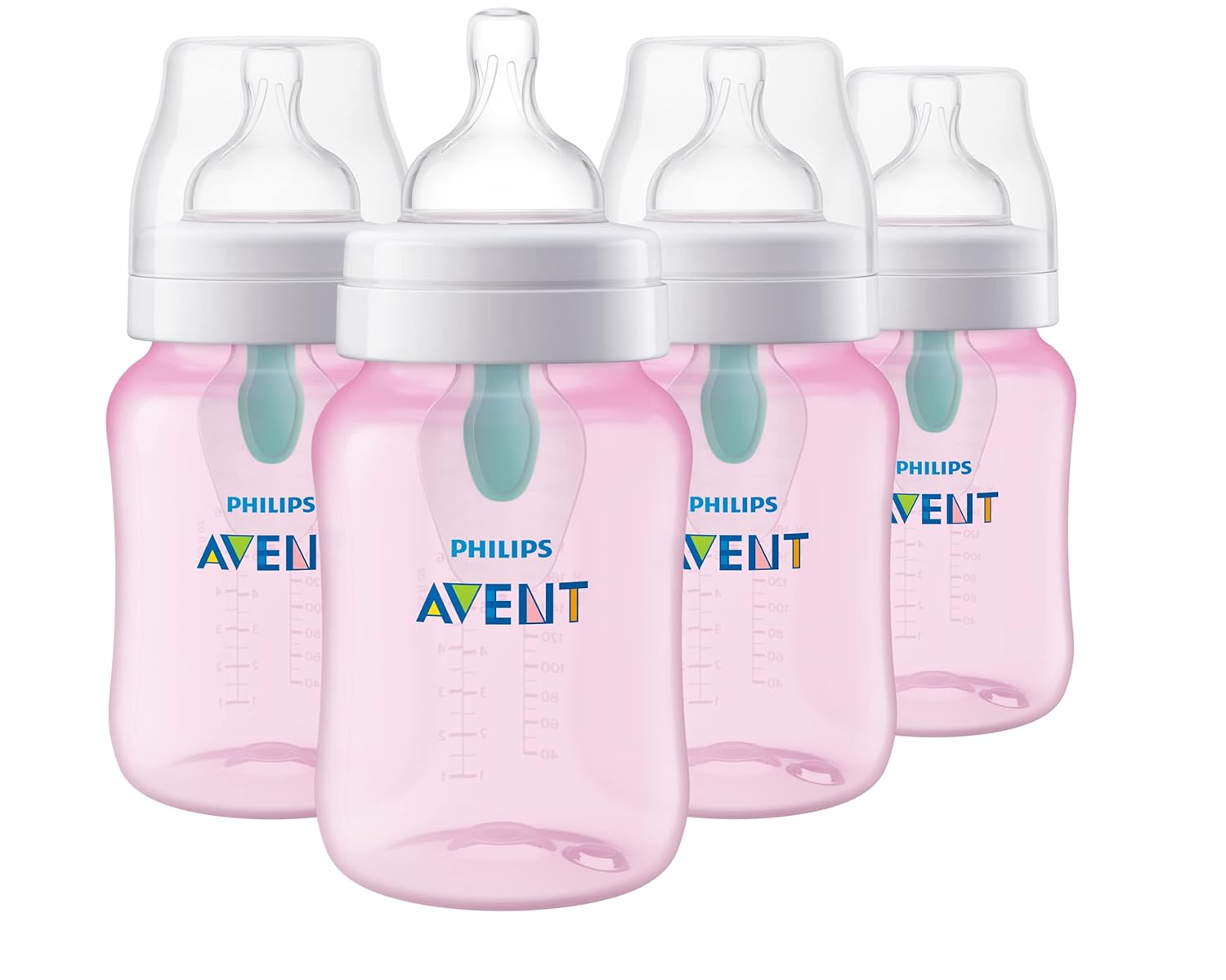 Philips Avent Anti-Colic Baby Bottle with AirFree Vent, 9oz, 4pk, Pink, SCY703/14