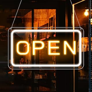 16"x 9" Ultra Bright 12V Neon Open Sign for Business, LED Open Neon Sign, Electric Light up Signs for Stores, Restaurants Offices Retail Shops Window (Yellow-White-Horizontal)