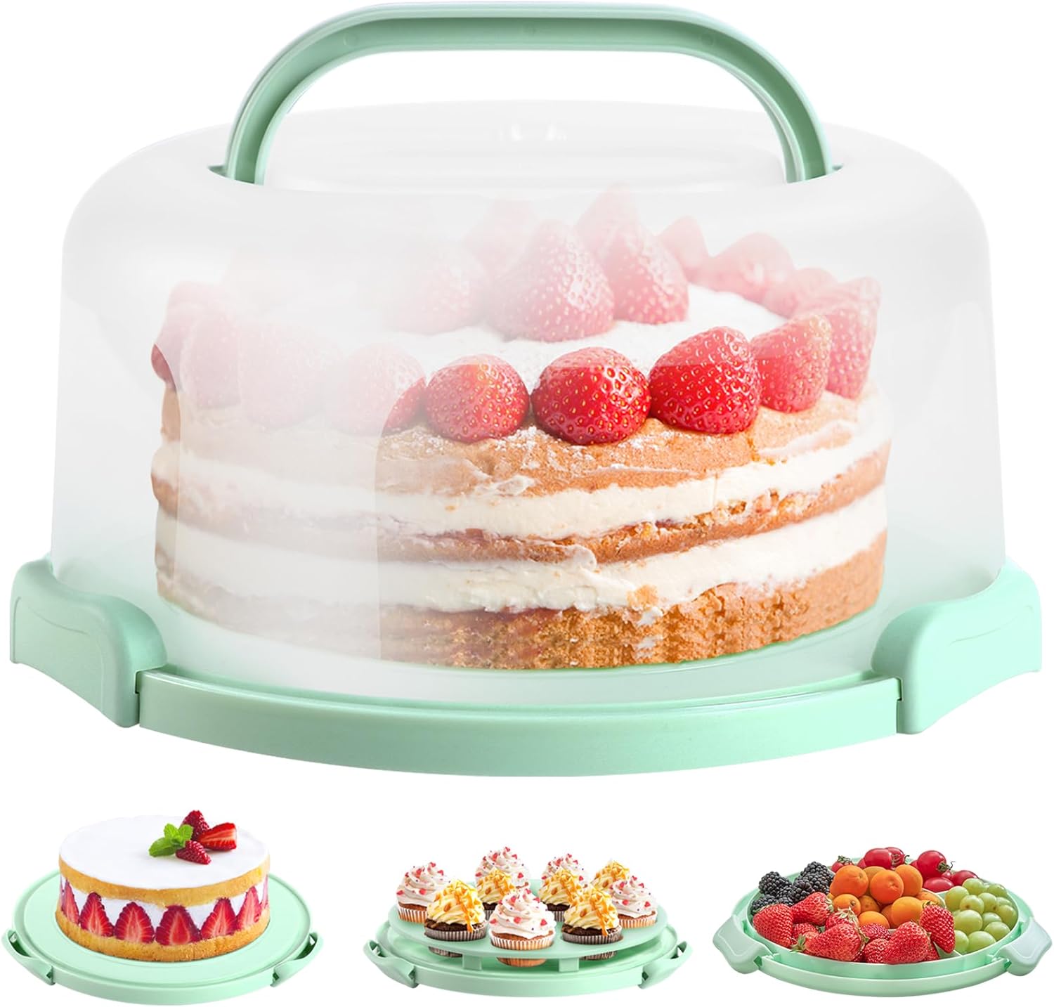 Ohuhu Cake Carrier with Lid and Handle, BPA-Free Cake Containers Cake Holder for 10 inch Cake with 2 Handles Cupcake Carrier - Plastic Cover Two Sided Base for Transport Pie Nuts Fruit Perfect Gifts