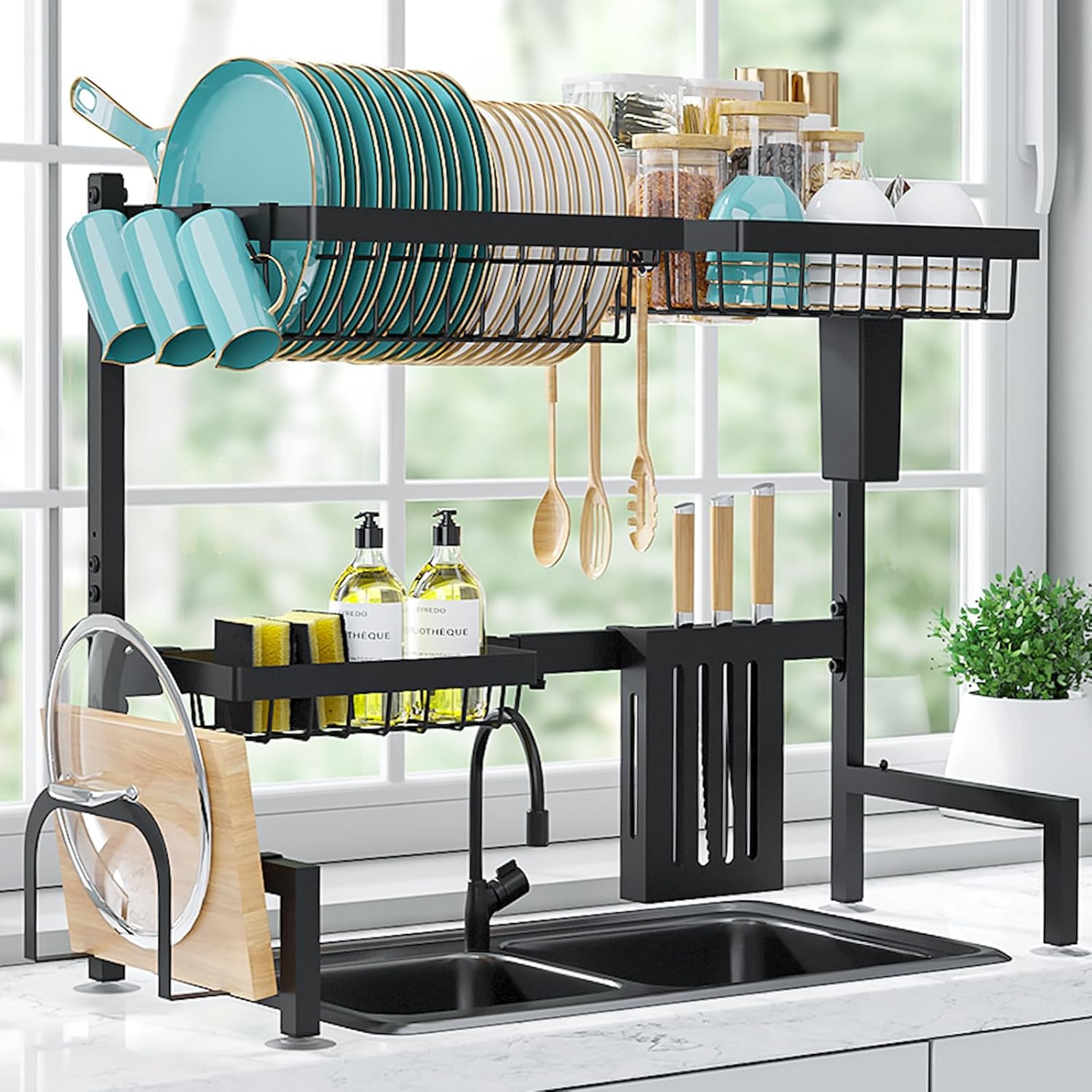 Dish Drying Rack - Large Over The Sink Dish Drainer Drying Rack (30.0" to 33.9" W), Large Capacity Stainless Steel Dish Rack, Multifunctional Kitchen Organizers and Storage Rack, Black
