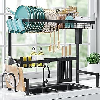 Dish Drying Rack - Large Over The Sink Dish Drainer Drying Rack (30.0" to 33.9" W), Large Capacity Stainless Steel Dish Rack, Multifunctional Kitchen Organizers and Storage Rack, Black