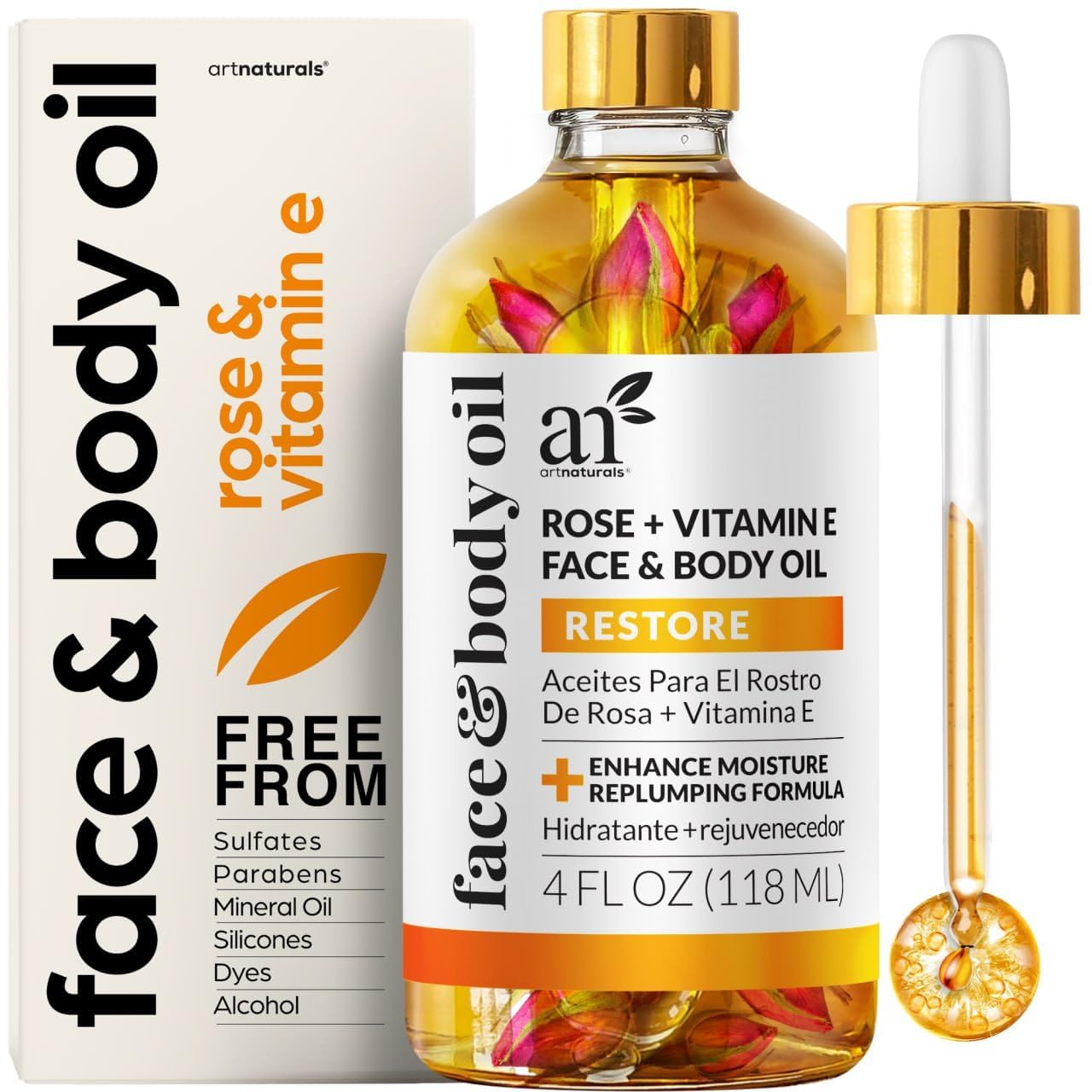Artnaturals Organic Rose + Vitamin E Face Oil 4.0oz - for Body & Hair - 100% Natural, Moisturize, Rejuvenate & Enhance your skin - Anti-Aging Moisturizer Facial Oil for Fine Lines, Scars & Wrinkles