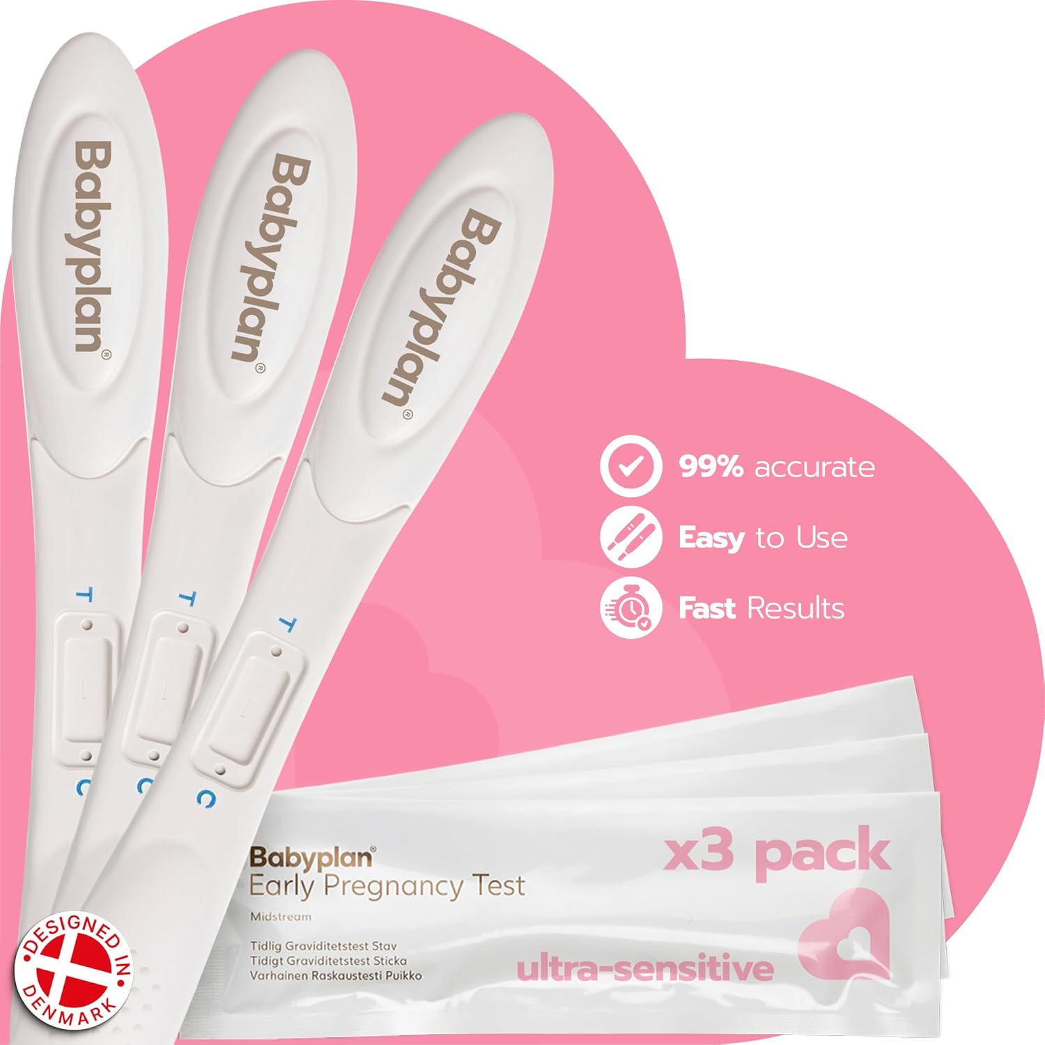 3 x Pregnancy Test Midstream Babyplan- Early Pregnancy Tests - (HCG 10mIU Very Sensitive- Early Detection) - Hygienic Pregnancy. Test for Baby Planning - Easy to Use, Long Stick