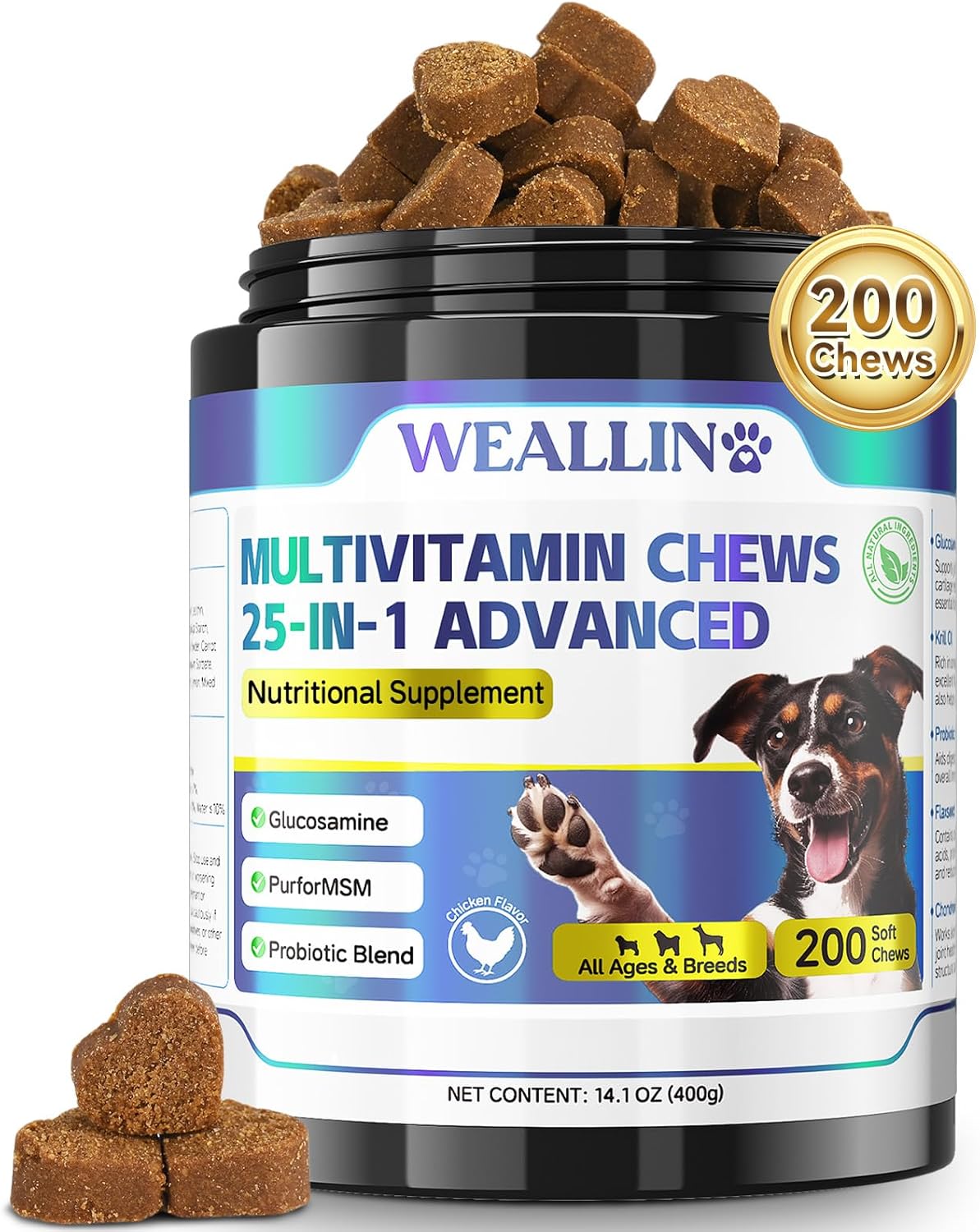 WEALLIN 25-in-1 Multivitamin Supplements for Dogs - Multi-Vitamin Treats For Dogs Multivitamin Chewable Dog Vitamins For Heart,Skin,Coat,Natural Balance,Digestion for All Ages 200 Chews Chicken Flavor