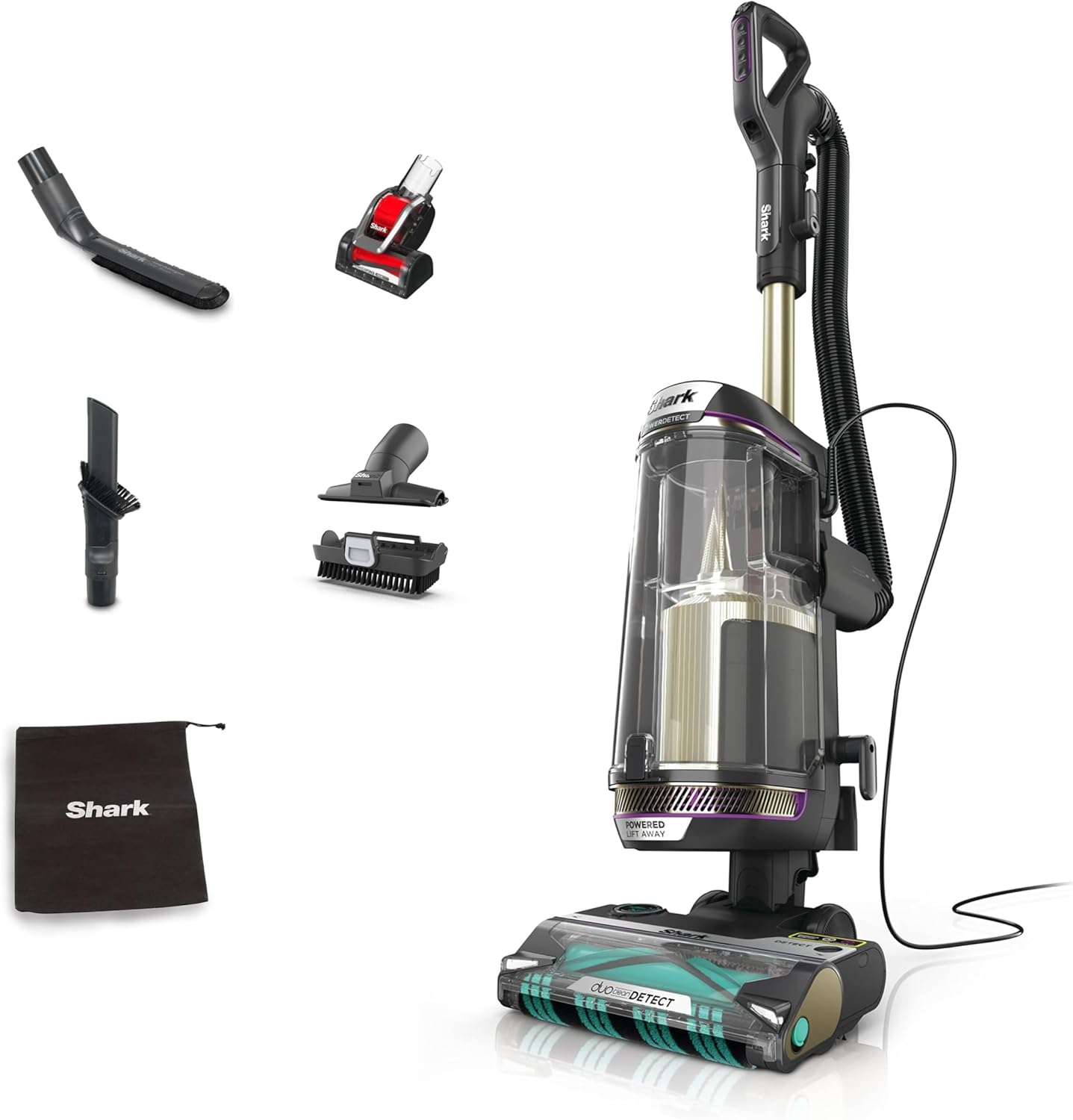 Shark PowerDetect Corded Upright Vacuum Cleaner, DuoClean Detect, Reverse Clean, Anti Hair Wrap Plus, Anti-Allergen, 8m Cord, 1.3L, Dusting Brush, Pet, Crevice, Multi Surface Tools & Bag, AZ3900UKTBK