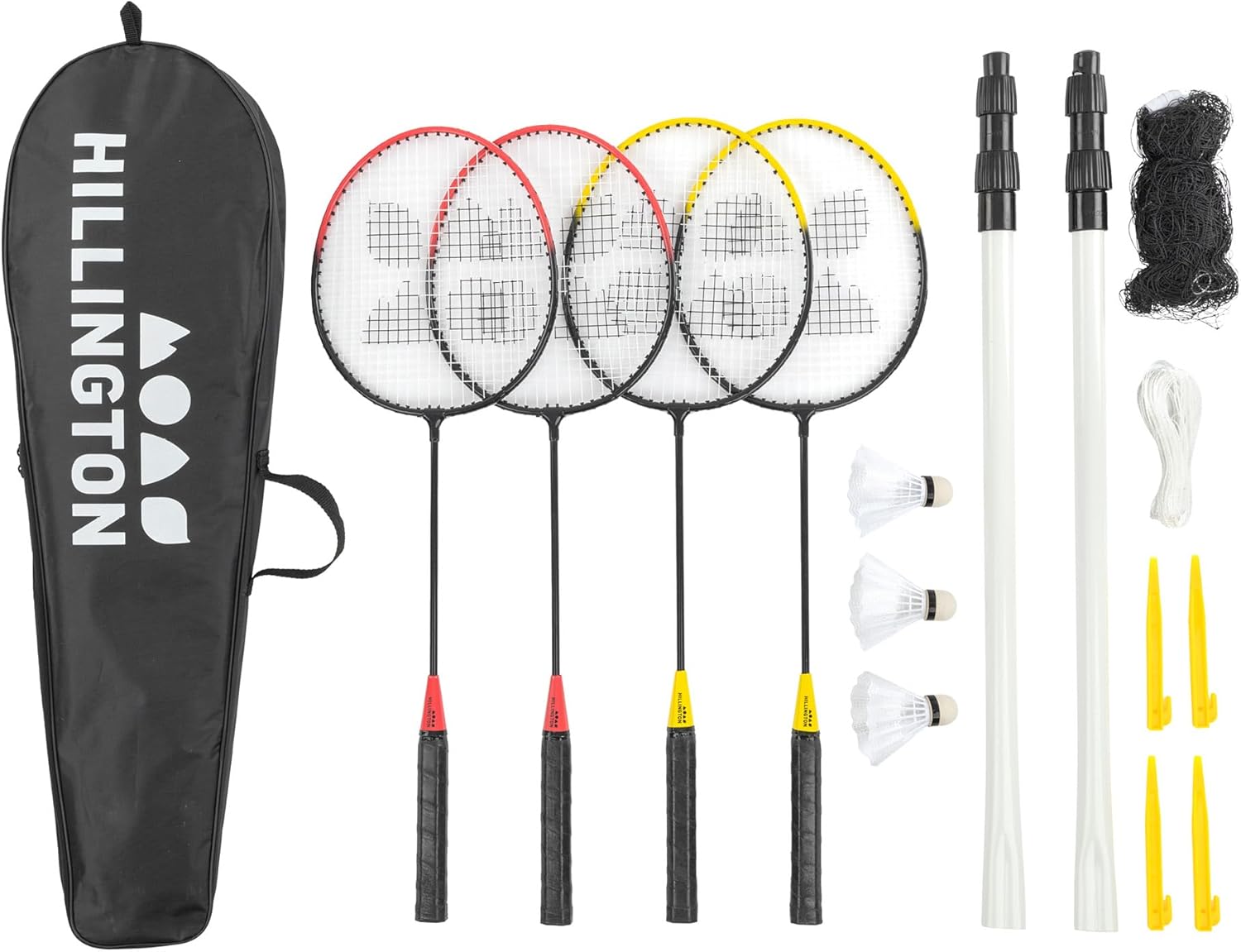 Hillington Complete 4 Player Badminton Tournament Set Strung Racquets, All-Weather Shuttlecocks in Carry Case (4 Player, With Net)