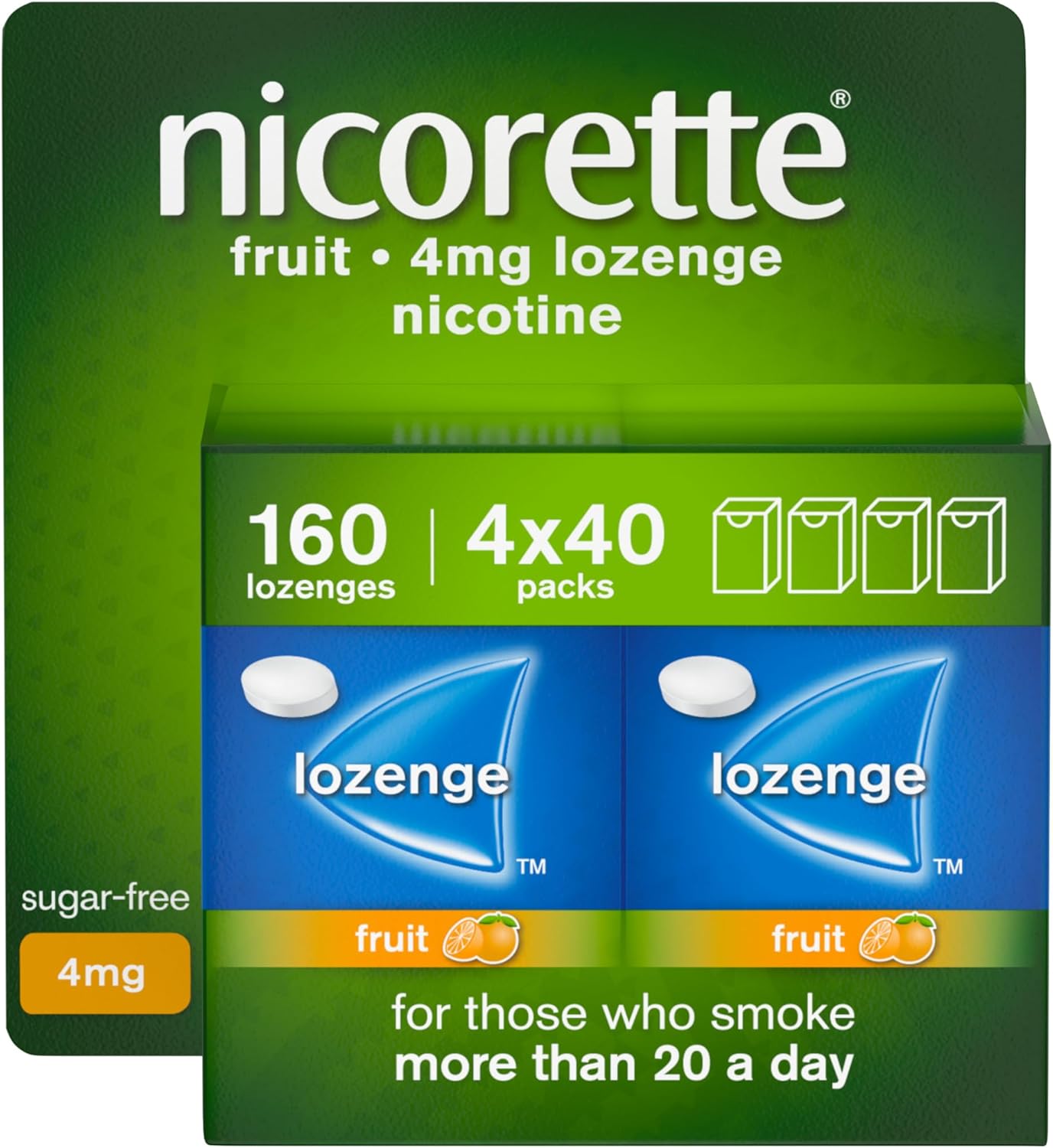 Nicorette Fruit 4mg Lozenge, 160 Lozenges (4 x 40 Packs), Effective and Discreet Quit Smoking Aid for Cigarettes, Nicotine Lozenges with Dual-Layer Fruity Flavour Release
