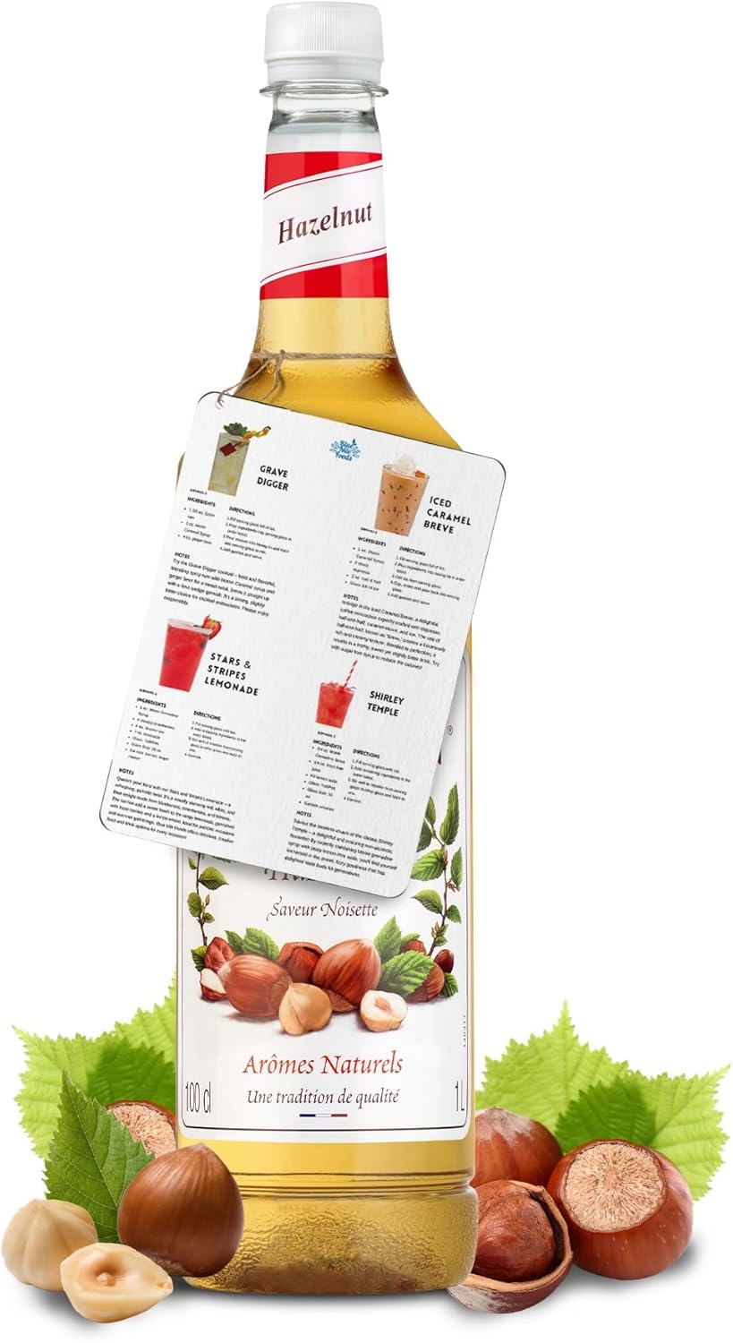 Blue Nile Foods Recipe Card with Hazelnut Syrup for Coffee, Cocktails, and Desserts | Nutty and Sweet Hazelnut Monin Coffee Syrup and Recipe Card | 1L Premium Cocktail Bottle