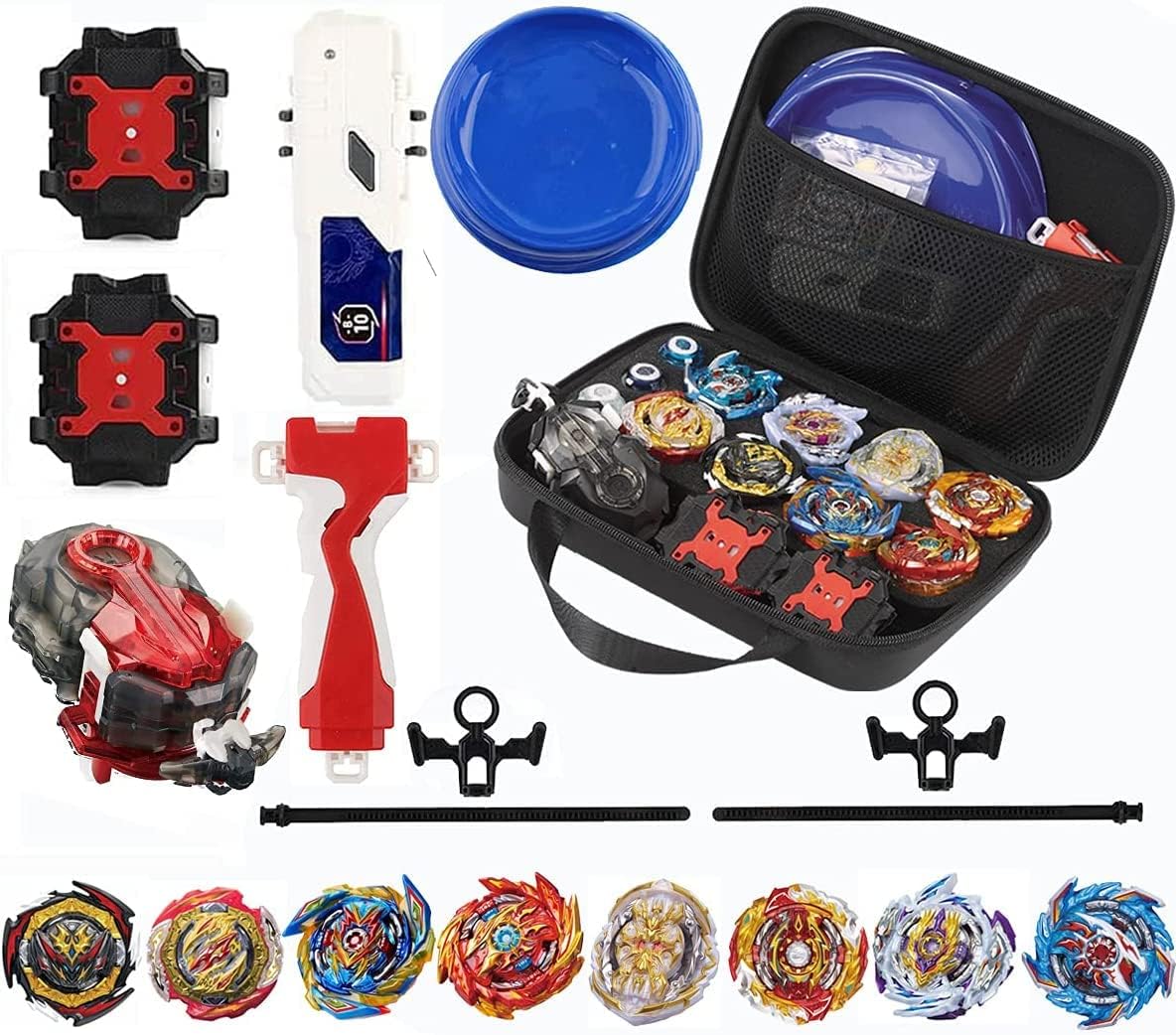 Bey Burst Gyro Toy Set with Arena Great Birthday Gift for Boys Children Kids 6 8 + Metal Fusion Attack Top Grip Blade Set with Battling Game Storage Box 8 Top Burst Gyros 3 two-way launcher 2 Handles