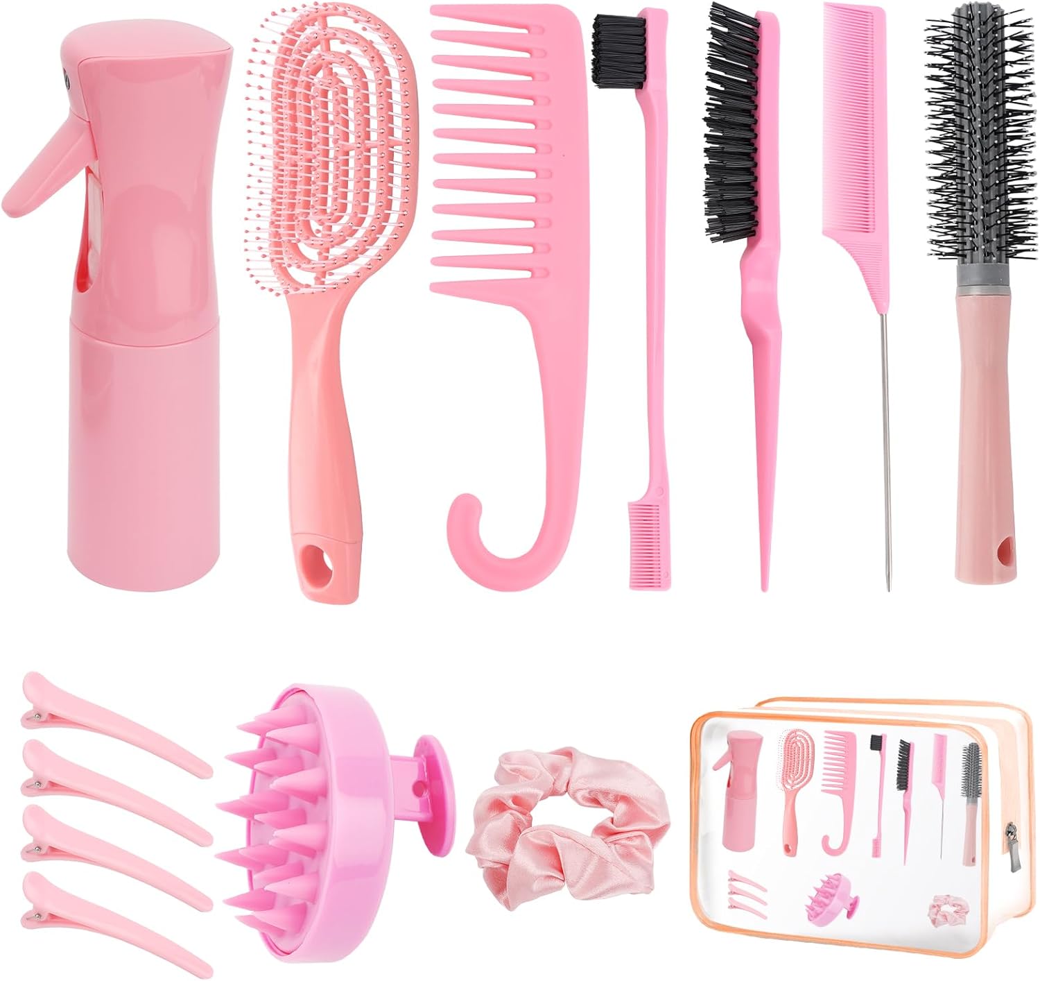 FIDWALL Hair Brush Set,14 Pcs Hair Brushes Hairdressing Tools,Includes Transparent Cosmetic Bag,Spray Bottle,Edges Brush,Curly Hair Brush,Round Brush,Scalp Brush And Hair Clips,Hair Care Styling Tools