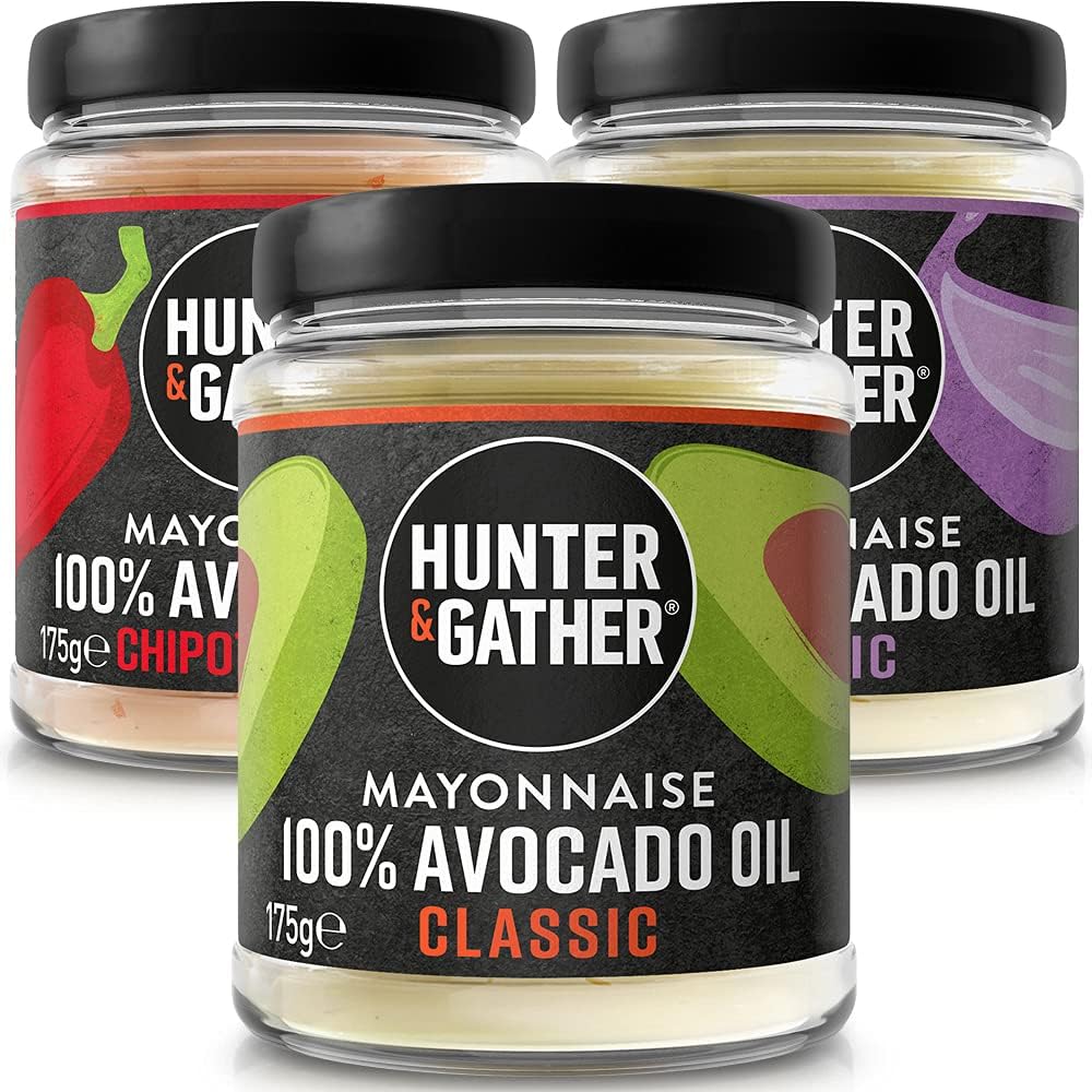 Hunter & Gather Avocado Oil Keto Seed Oil Free Mayonnaise Variety Pack 3x175g | 1xClassic, 1xGarlic, 1xChipotle & Lime | Made with Pure Avocado Oil & Free Range British Egg Yolk | Gluten & Sugar Free