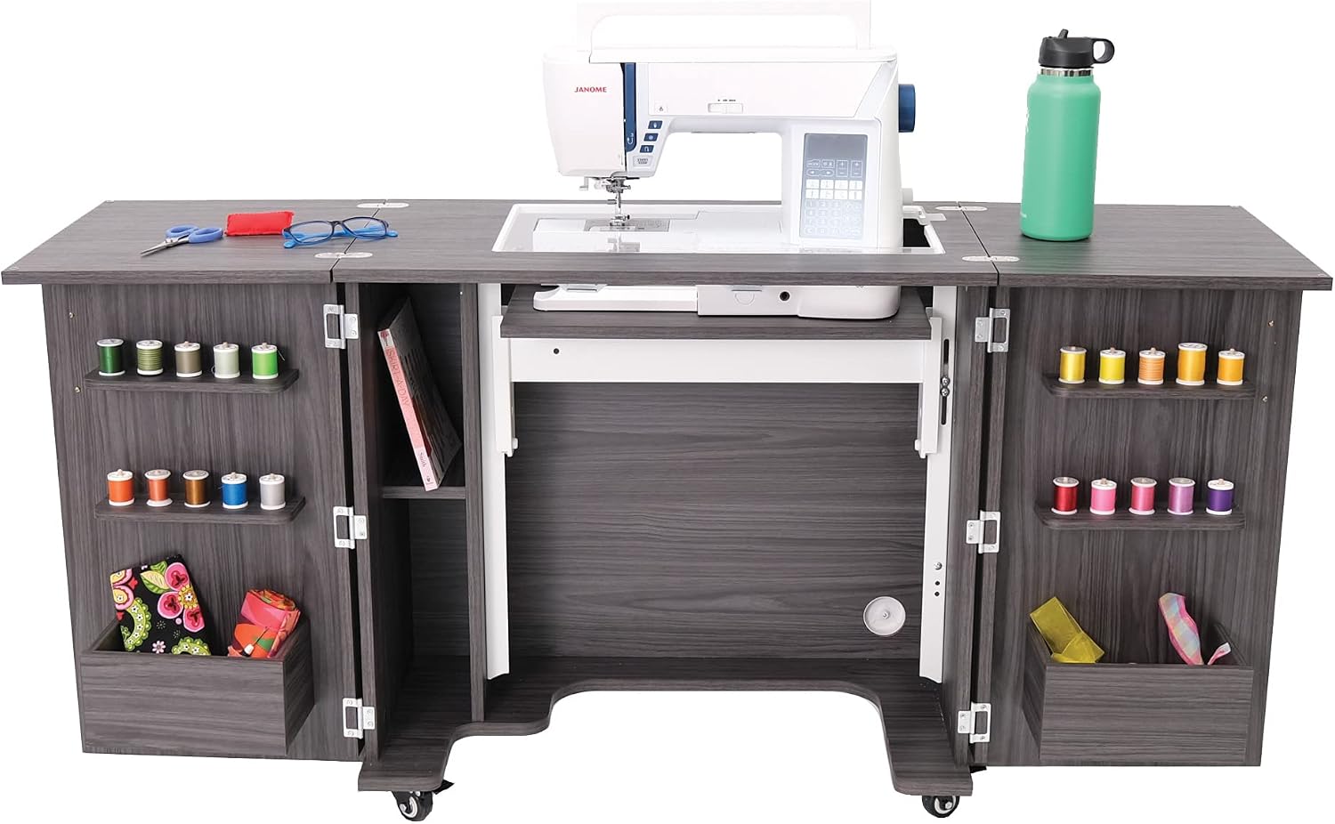 Kangaroo Bandicoot Sewing Cabinet with Lift – Quilting & Sewing Machine Table with Expandable Work Surface & Storage, Gray