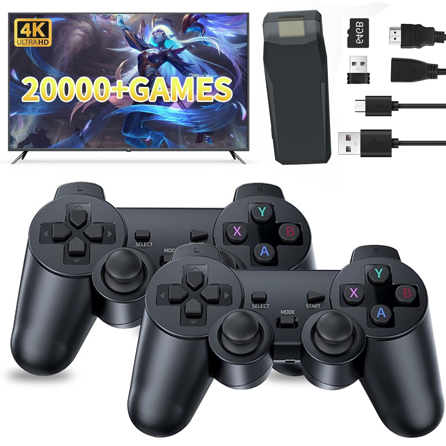 Wireless Retro Game Console Stick, Built-in 20000+ Classic Games with 18 Emulators, Dual 2.4G Wireless Controllers, 4K High Definition HDMI Output, Built-in 64G Plug & Play Video Game Console