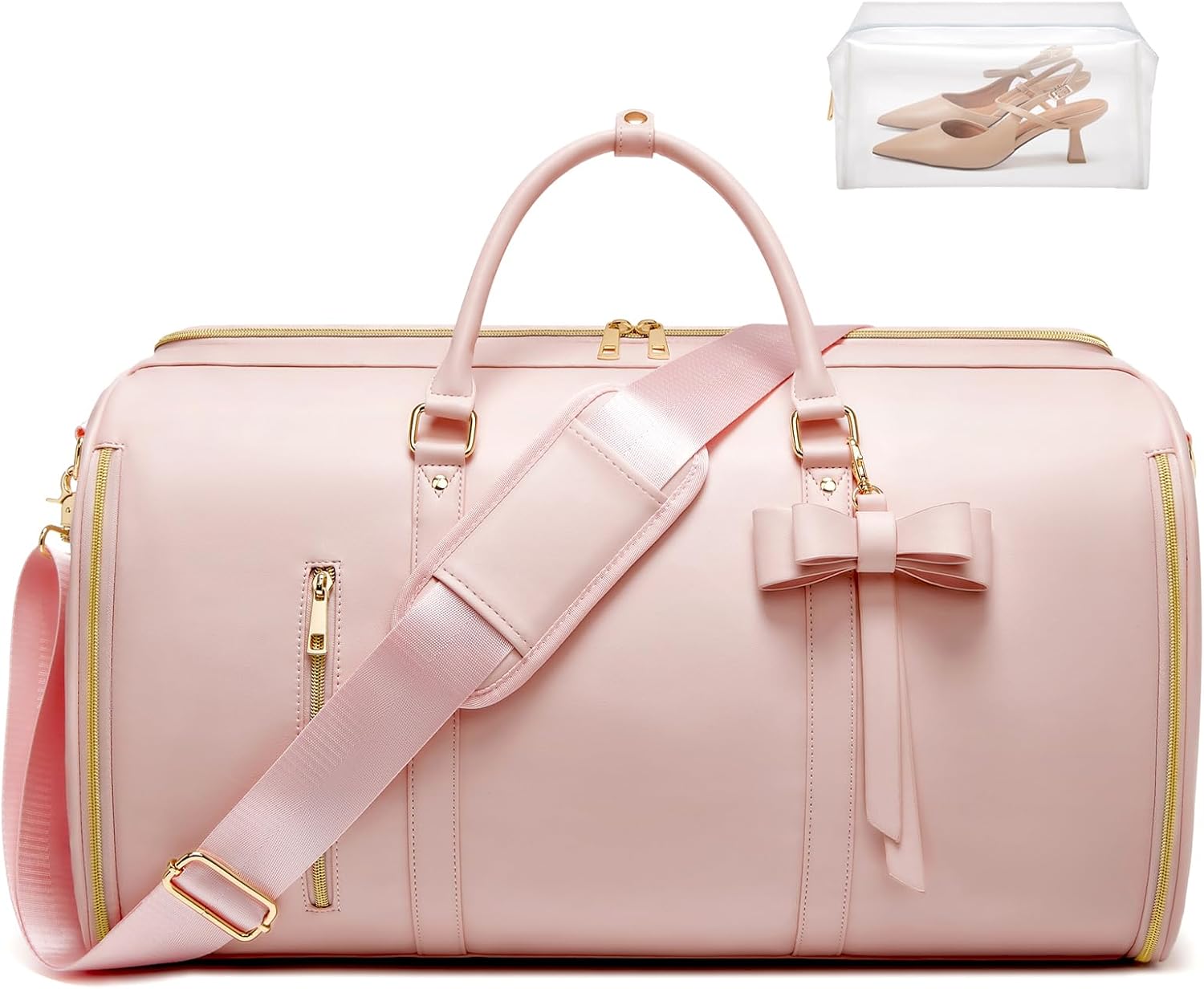 Garment Bags for Travel, Convertible Suit Travel Bag for Women, Fashion & Cute Carry On Garment Bag w/Shoes Pouch, 2 in 1 Foldable PU Leather Hanging Duffle Bag, Single-Zipper Design, Pink