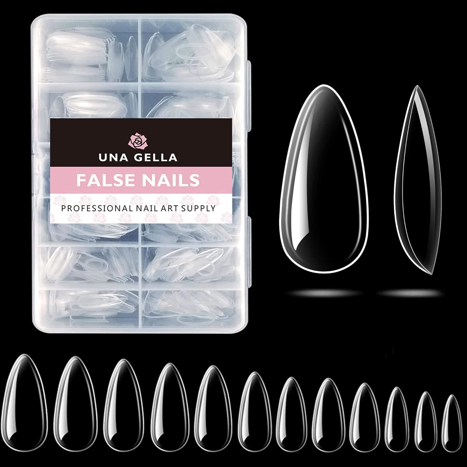UNA GELLA Almond Fake Gel Nail Tips - 216pcs Medium Pre-Shaped for Long-Lasting Acrylic Nails, Perfect for DIY At Home Nail Salon - 12 Sizes