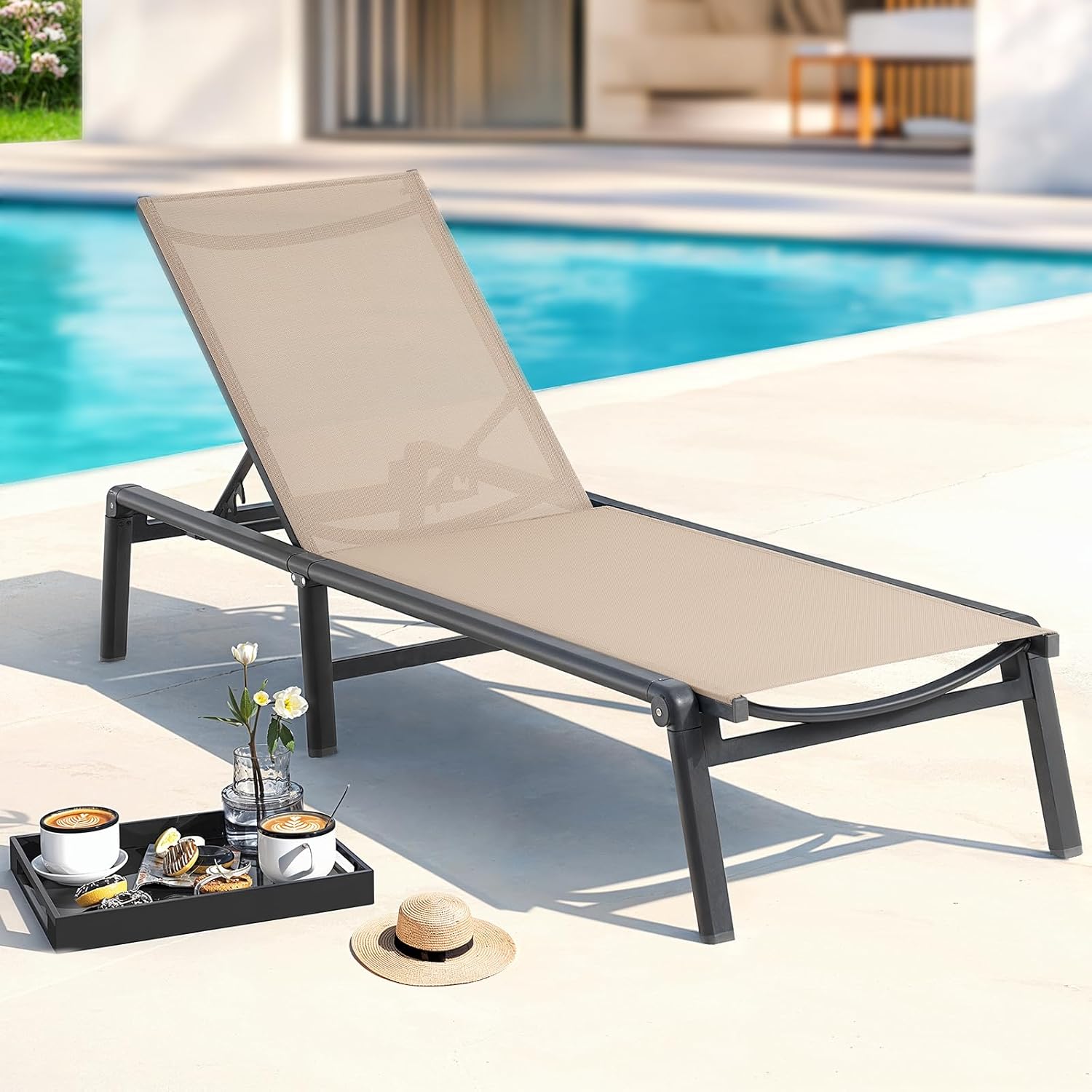 Aluminum Chaise Lounge Chair Outdoor, Foldable & Assembly Free Outdoor Lounge Chair with 5 Position Adjustable Backrest, Patio Pool Lounge Chairs for Outside Poolside Beach Lawn, 1PC, Khaki