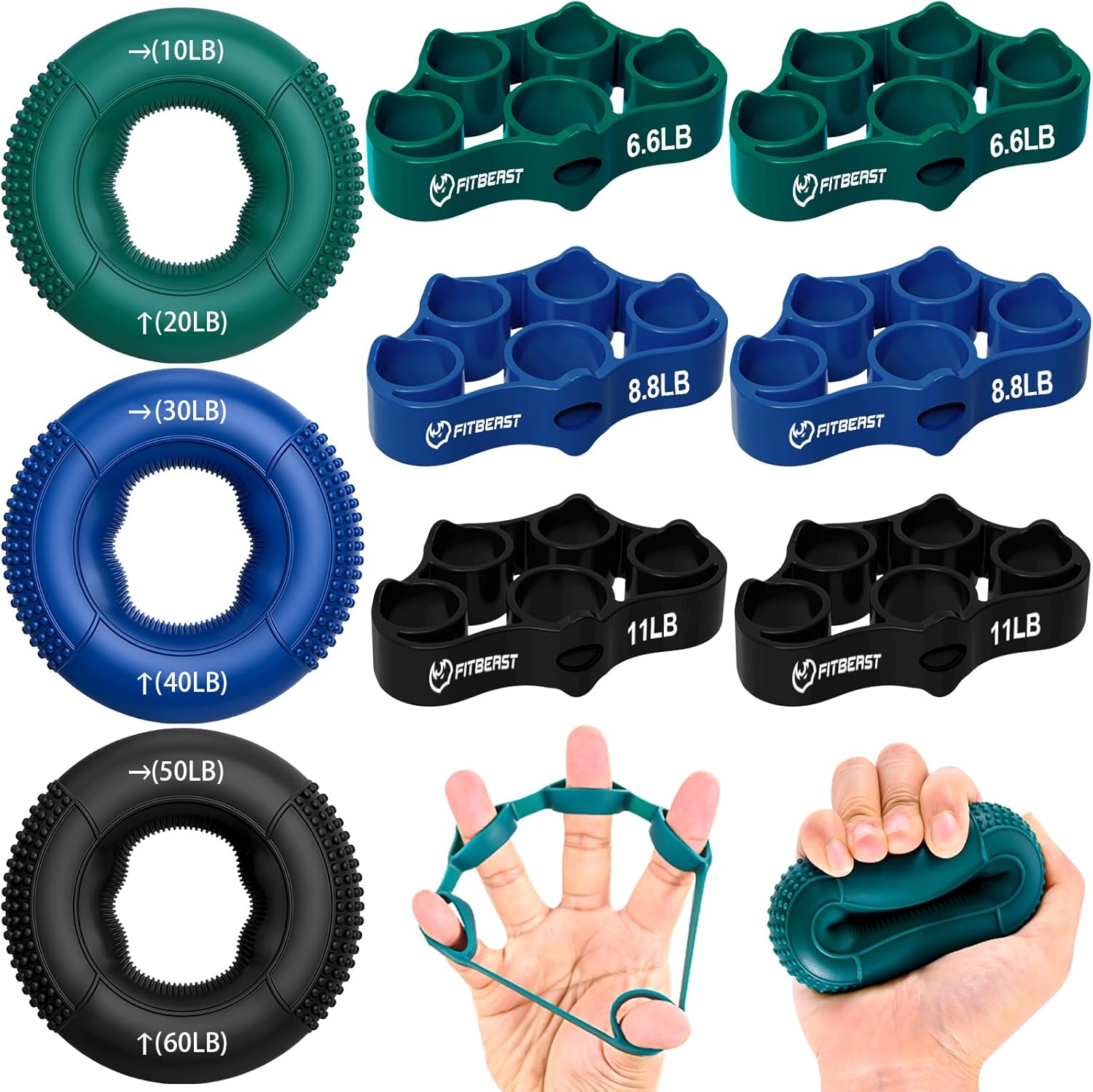 FitBeast Grip Strength Trainer, Finger Exerciser, Forearm Strengthener 9-Piece Kit, Hand Grip Strengthener Targeted Strength, Relief & Recovery