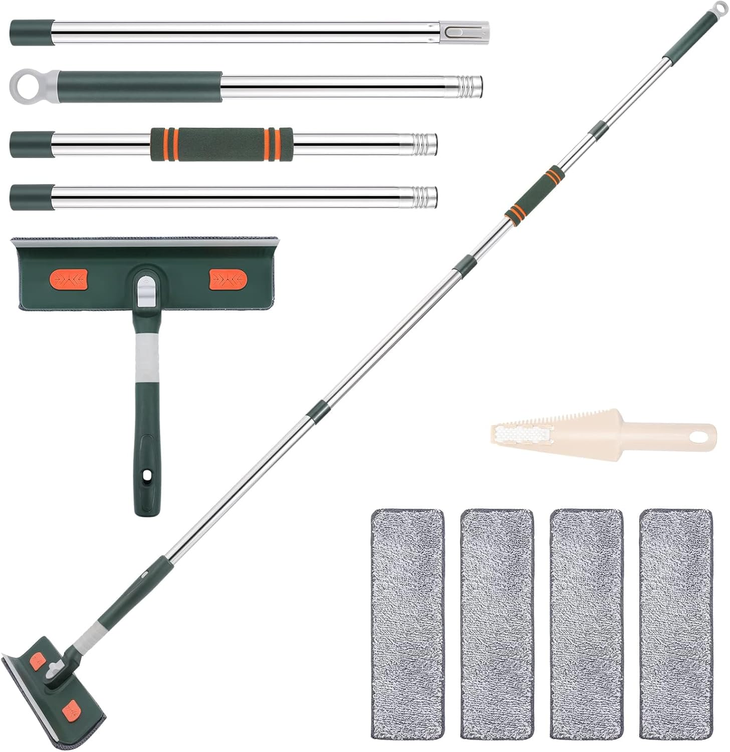 Window Squeegee with Scrubber, with Extendable 4 Section Stainless Steel Pole and 4 Microfiber Pads, for Glass, Shower, Floor, Outdoor High Window Cleaning Etc.