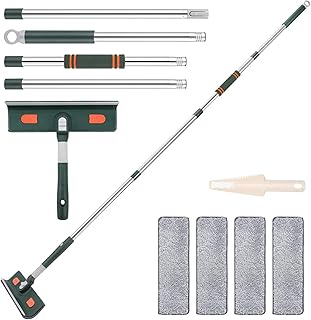 Window Squeegee with Scrubber, with Extendable 4 Section Stainless Steel Pole and 4 Microfiber Pads, for Glass, Shower, Floor, Outdoor High Window Cleaning Etc.