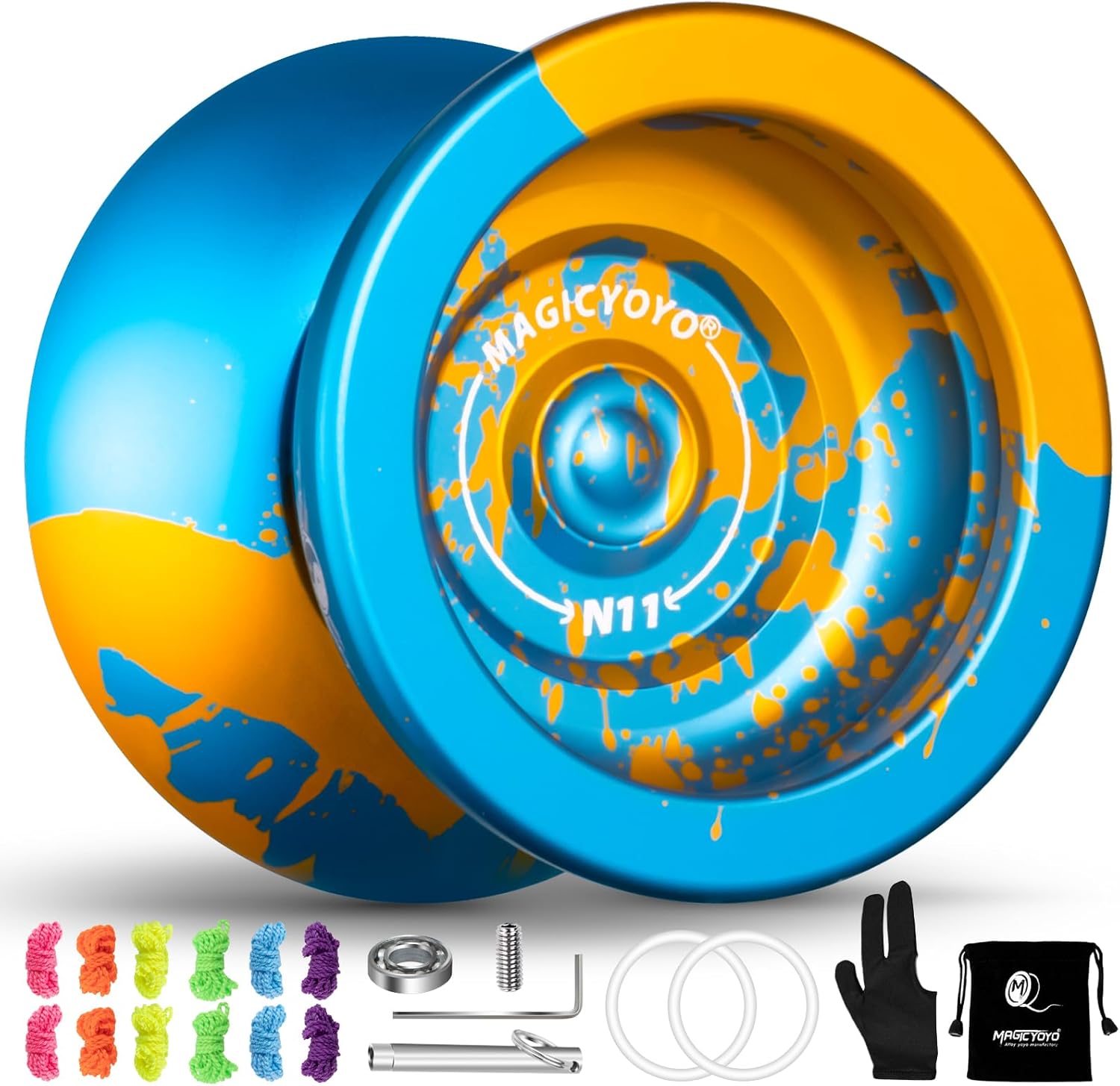 Dual Purpose Yoyo N11 Blue Golden, Responsive Yoyo for Kids, Professional Yo yo Alloy Aluminum YoYo Ball with Unresponsive Yo Yo Bearing +Bag, Glove, 12 Strings, Bearing Removal Tools
