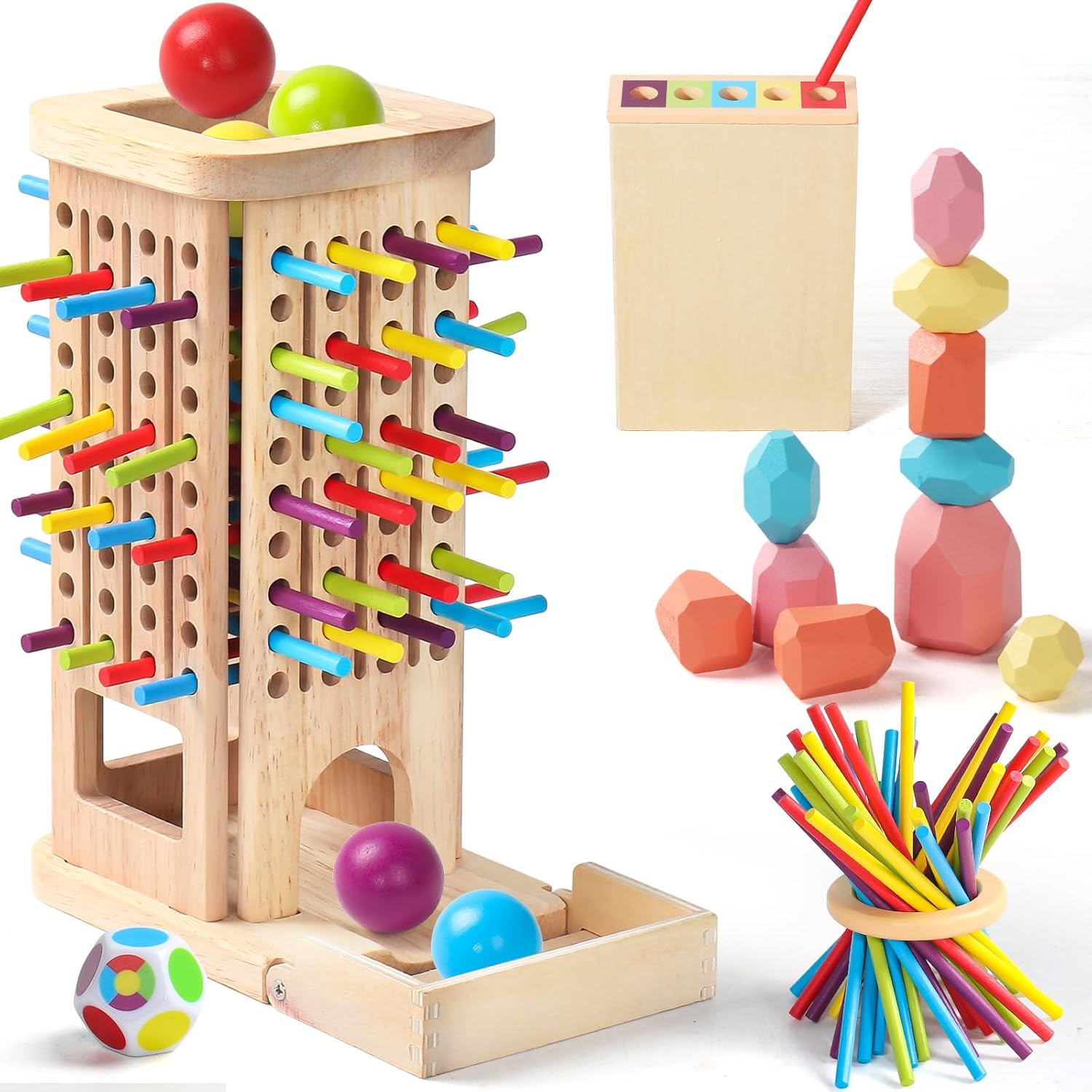 Montessori Toys for 3 Year Old Fine Motor Skills Toys for 5 Year Old Wooden Board Game - Educational Toys with Colorful Sticks, Dice & Stones, Family Game Gifts for Age 2 3 4 5 6 7 8 Boys Girls