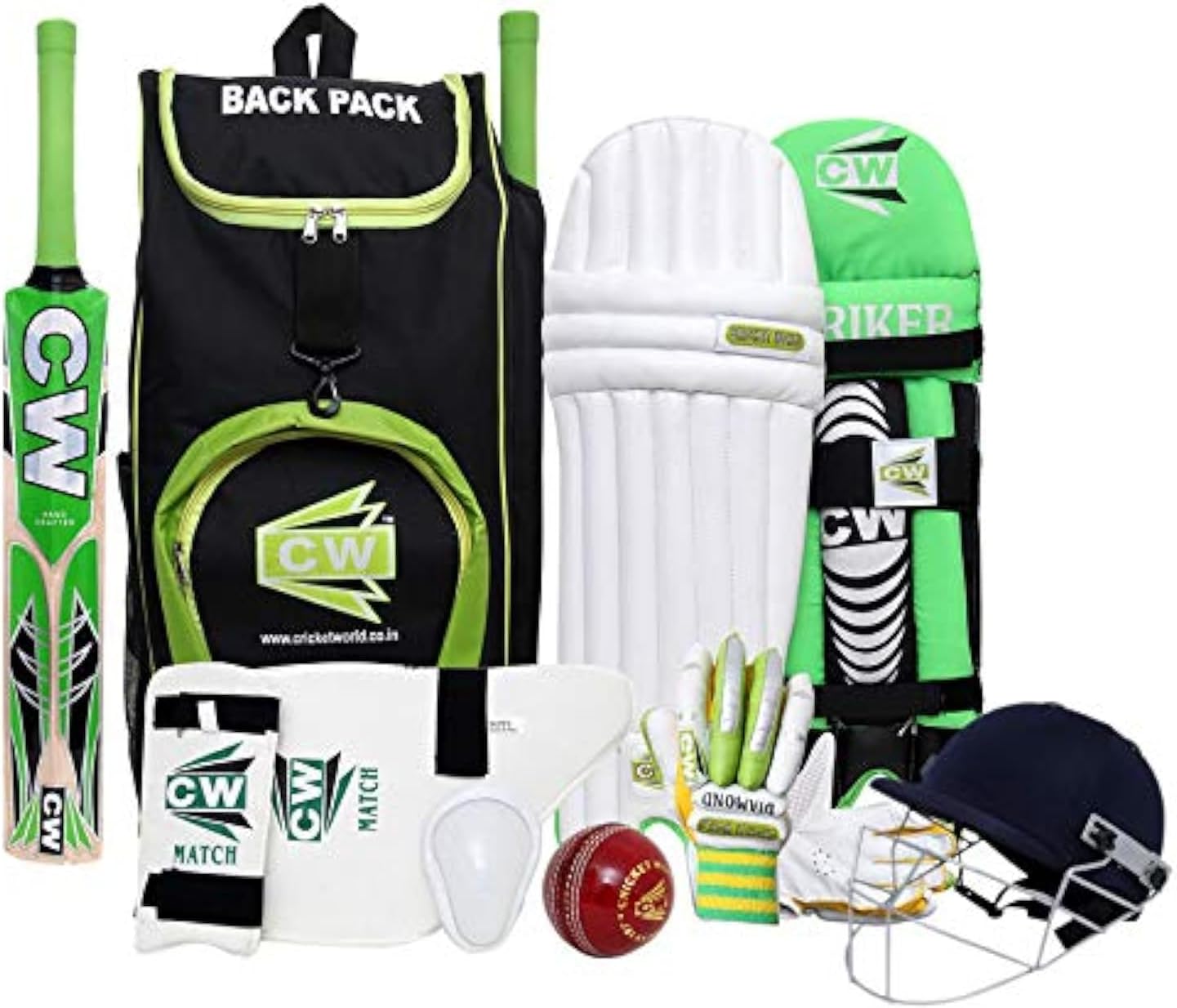 CW Bullet Right Hand Cricket Set Green All Gears Cricket Bundle Cricket Protective Equipment Package Full Cricket Set For Age 12-13 Years Old Ideal For Youth Size Carrying Bag Leather Ball Bat Size 6