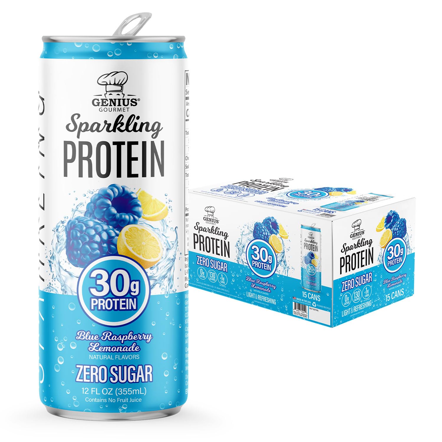 Genius Gourmet Clear Protein Sparkling Water Blue Raspberry Lemonade - 30g Clear Sparkling Protein, Zero Sugar, Low Carb, Lactose Free, Non GMO - Ready to Drink Flavored Sparkling Water - 15 Pack