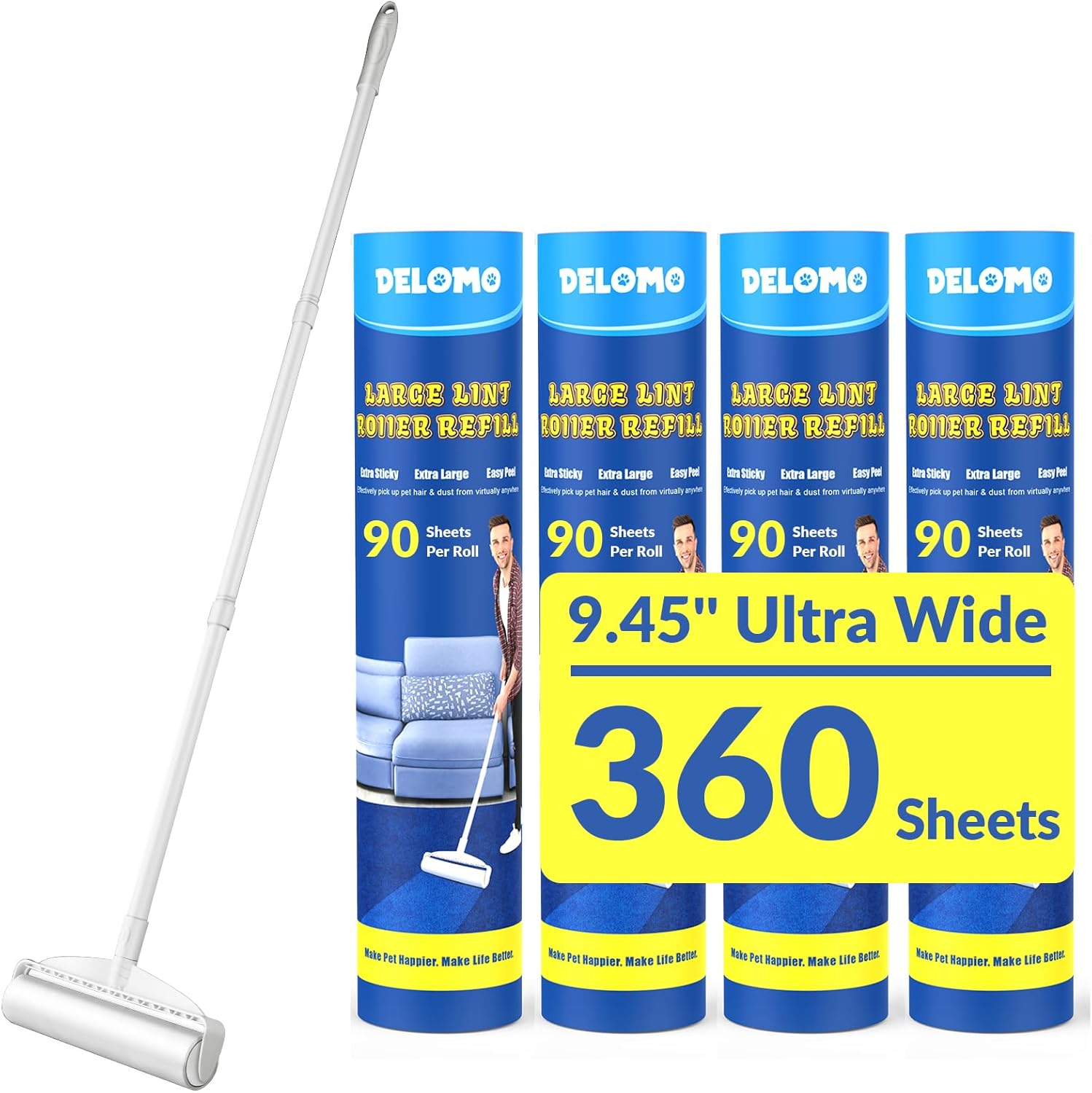 Large Lint Rollers for Carpet, Sticky Rollers for Floor DELOMO 9.45 in with 3 Extendable Handle,Long Handle Sticky Mop for Cleaning Carpets, Cars, Clothing, and Pet Hair
