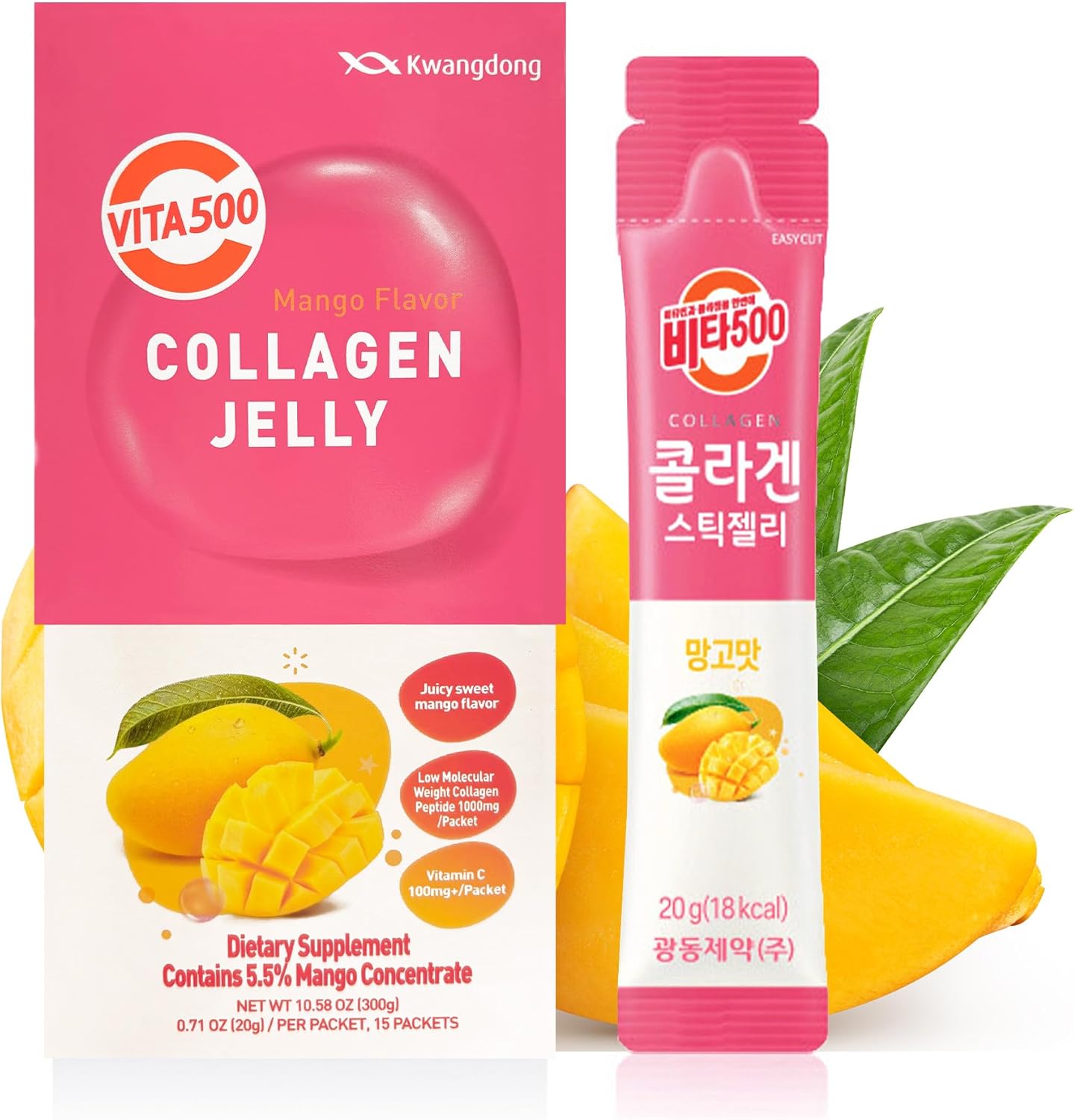 Vita500 Mango Collagen Peptides Korean Jelly Stick with Vitamin C | Marine Collagen for Hair, Skin, Nails, Beauty, Joints, Minerals & Antioxidants Support | Convenient Daily Sticks 15 Pack