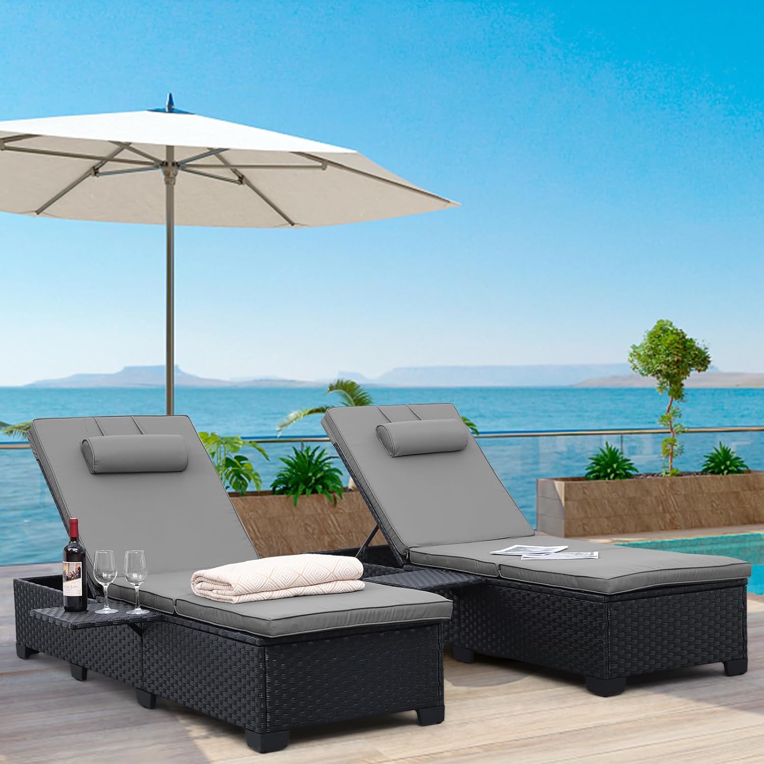 WAROOM Outdoor Chaise Lounge Chairs for Outside Patio Furniture Set of 2 Wicker Recliner Black Rattan Reclining Pool Sunbathing Chair Adjustable Backrest Lounger with Grey Cushion
