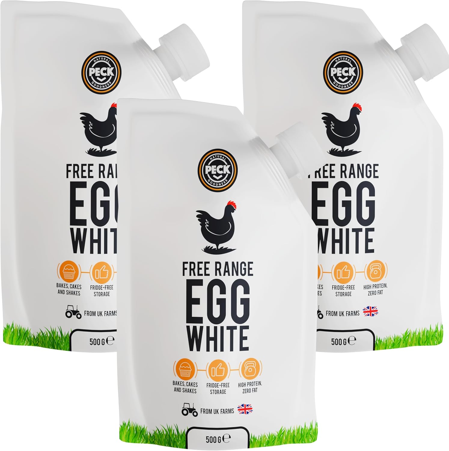 Peck Free Range Egg Whites Liquid 3 x 500ml Pouches | 15 UK Free Range Egg Whites Per Pouch | from UK Farms & in a Resealable Pouch | High Protein | for Baking, Shakes, Omelettes & Cocktails