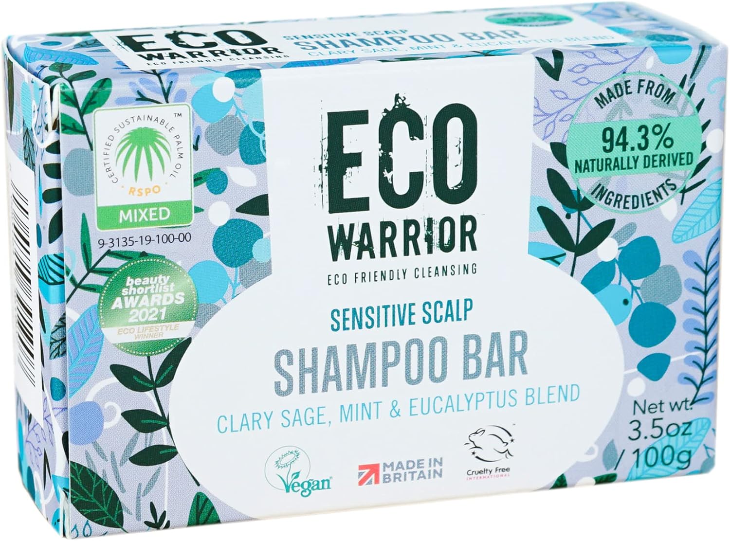 Eco Warrior Sensitive Shampoo Bar – Vegan, Cruelty Free, No SLS or Parabens, Deeply Nourishing White Clay & Clary Sage Oil, Natural Mint Plus Eucalyptus – Eco Friendly, 100g