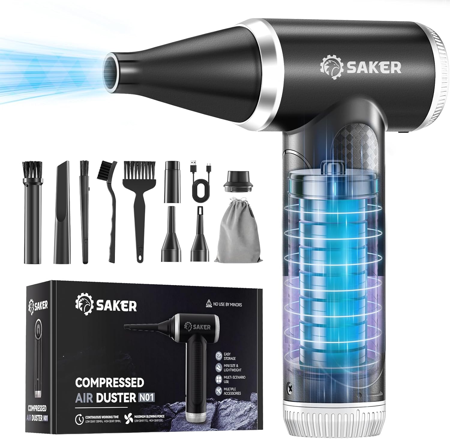 Saker Compressed Air Duster 150000RPM Electric Air Duster for Cleaning, Mini Air Blower with Brushless Motor, Rechargeable Cordless Air Duster for Computer Keyboard Car and Home N01